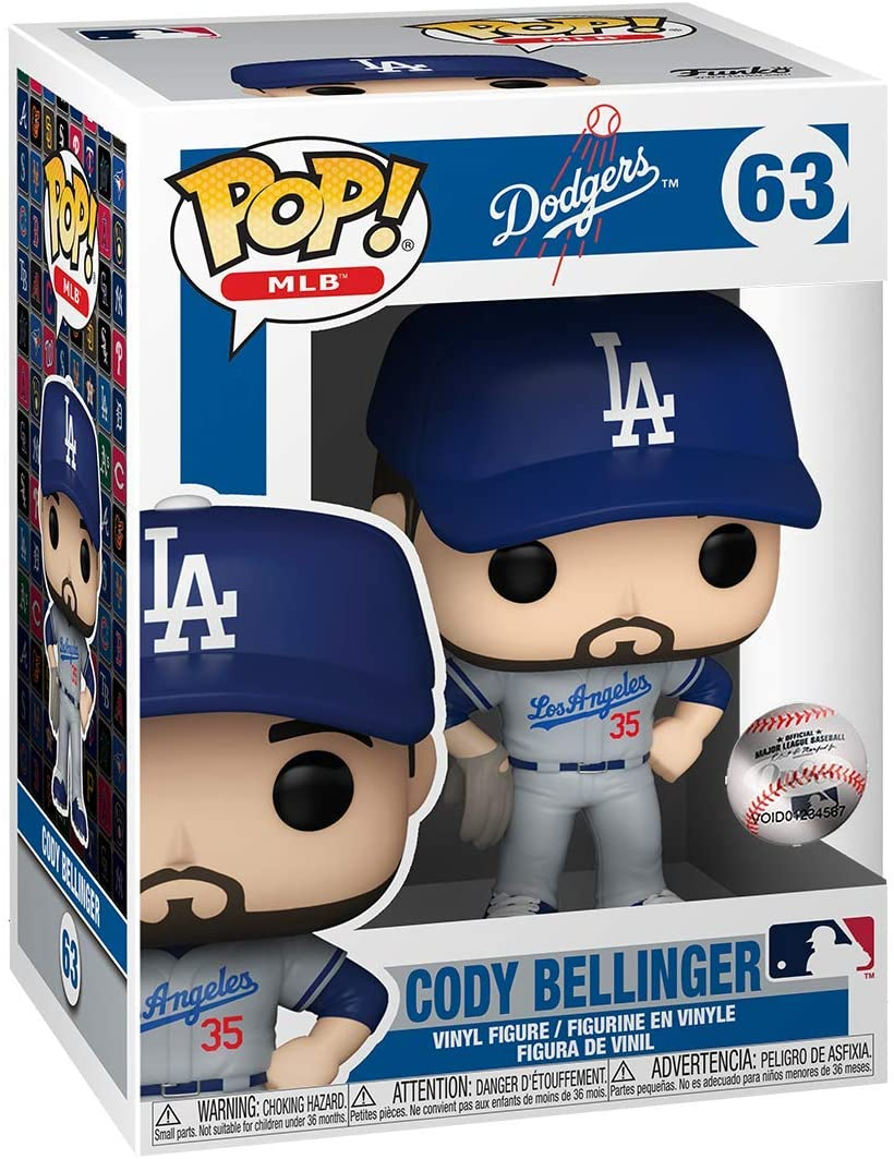 Funko Pop Vinylfigur von Cody Bellinger im Dodgers-Trikot in seiner Box.