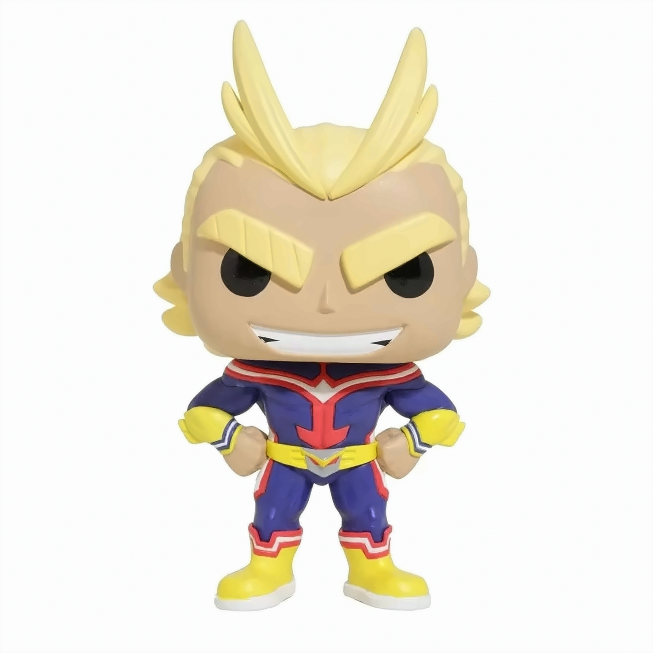 All Might Funko Pop Figur mit blonden Haaren, blauem und rotem Anzug und gelben Stiefeln.