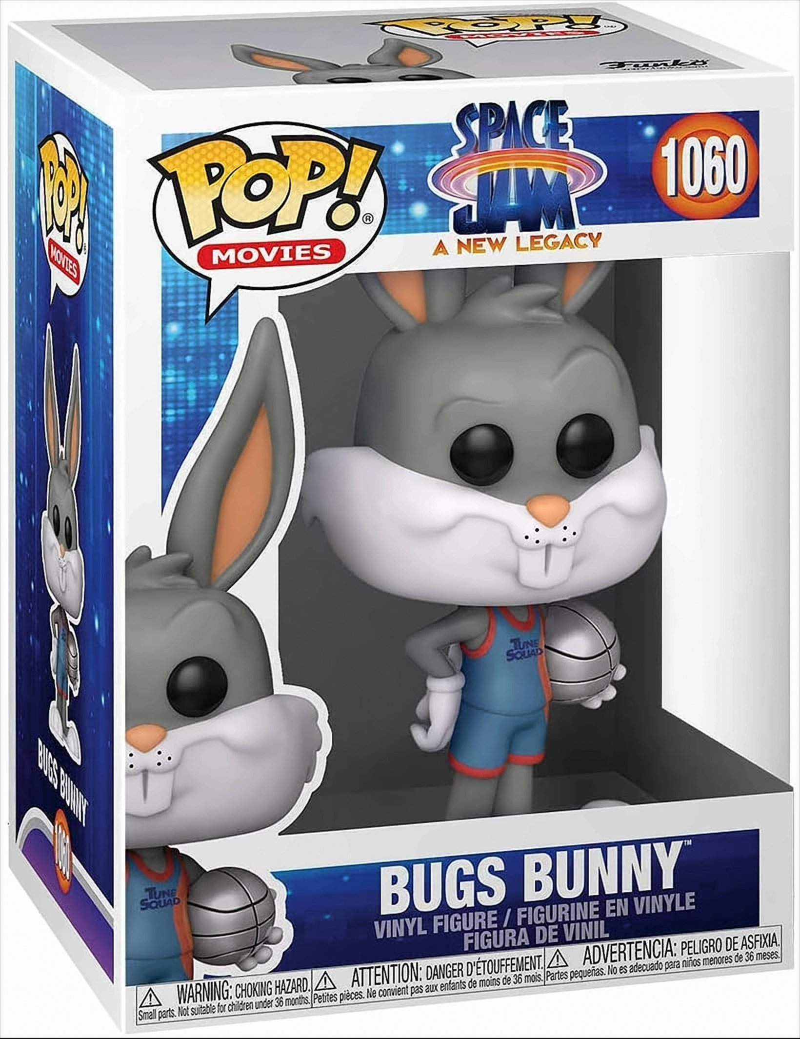 Funko Pop Bugs Bunny Vinylfigur im Karton, trägt ein blaues Tune Squad Trikot und hält einen silbernen Basketball.