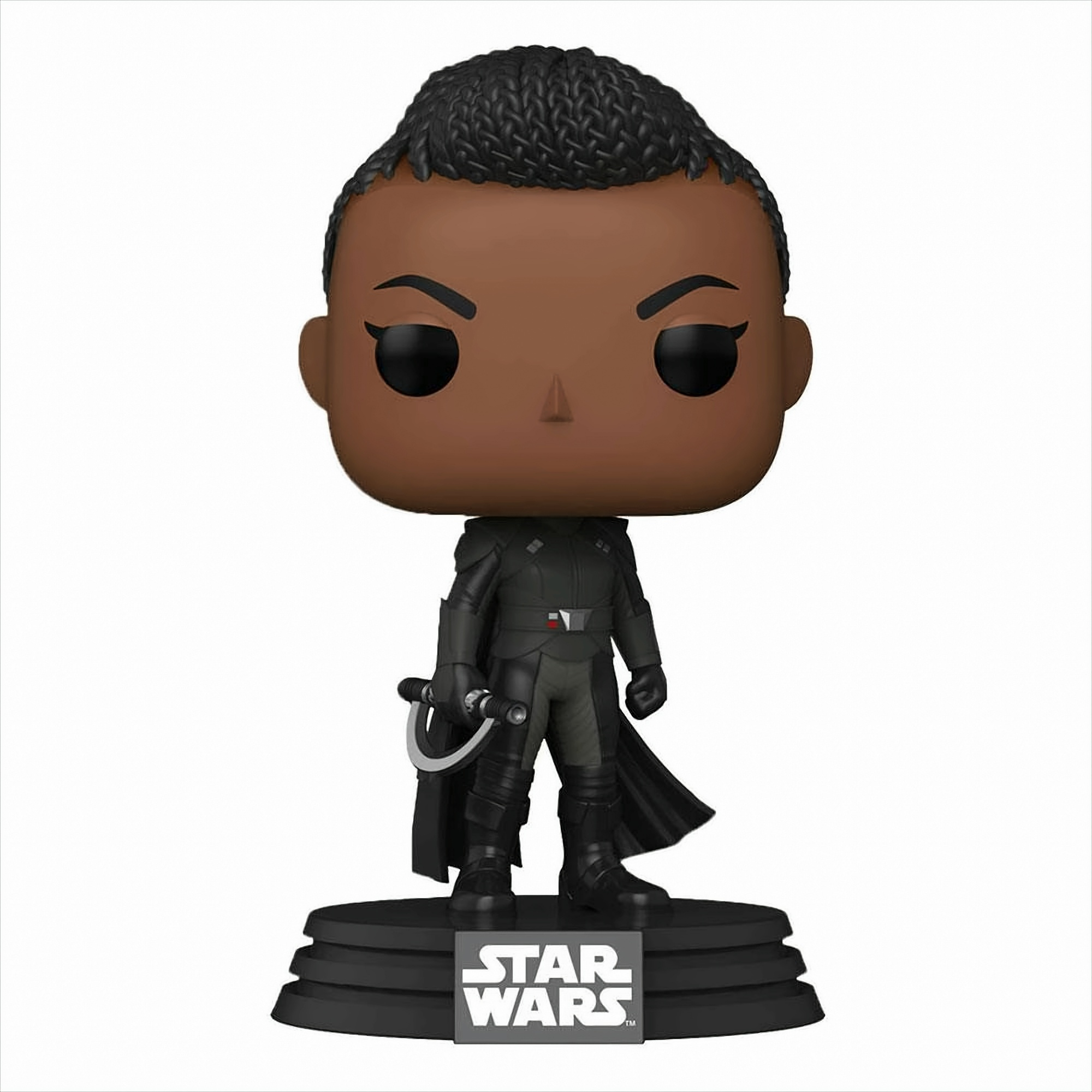 Star Wars Funko Pop-Figur von Inquisitor Reva mit schwarzer Rüstung und rotem Lichtschwert.