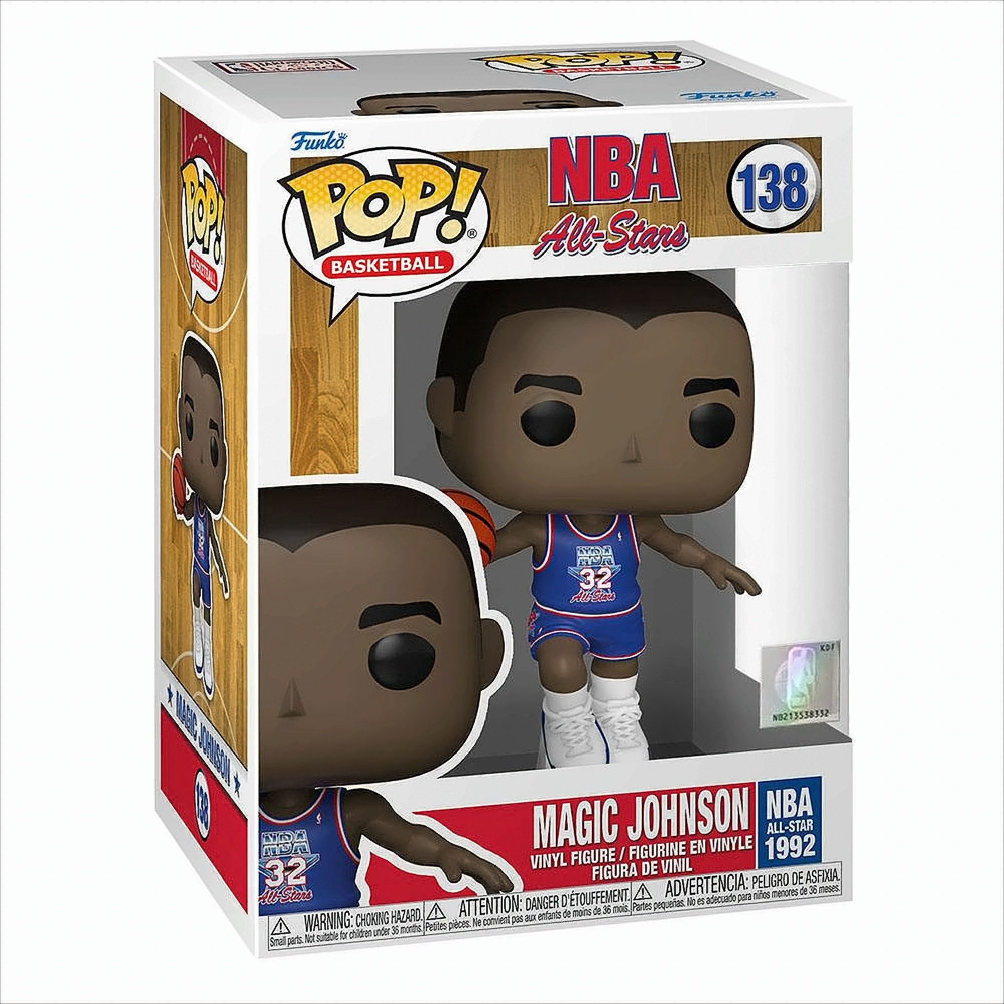 Funko Pop Figur von Magic Johnson in blauer NBA All-Star Uniform in Verpackung.