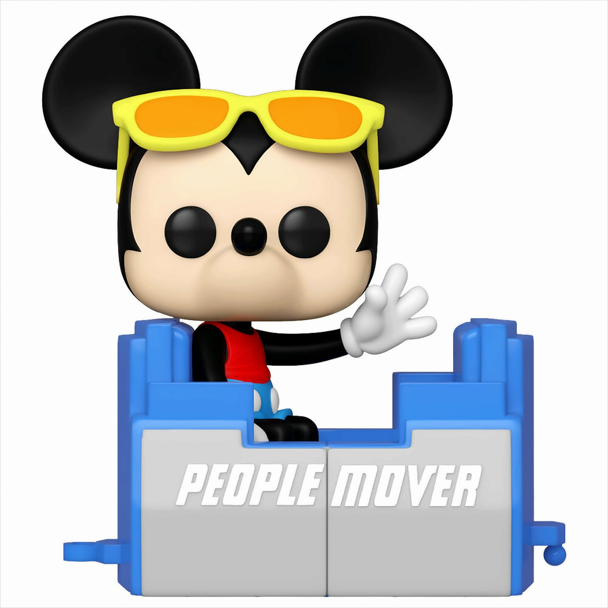 Mickey-Maus-Funko-Pop-Figur mit Sonnenbrille im blauen PeopleMover-Wagen.