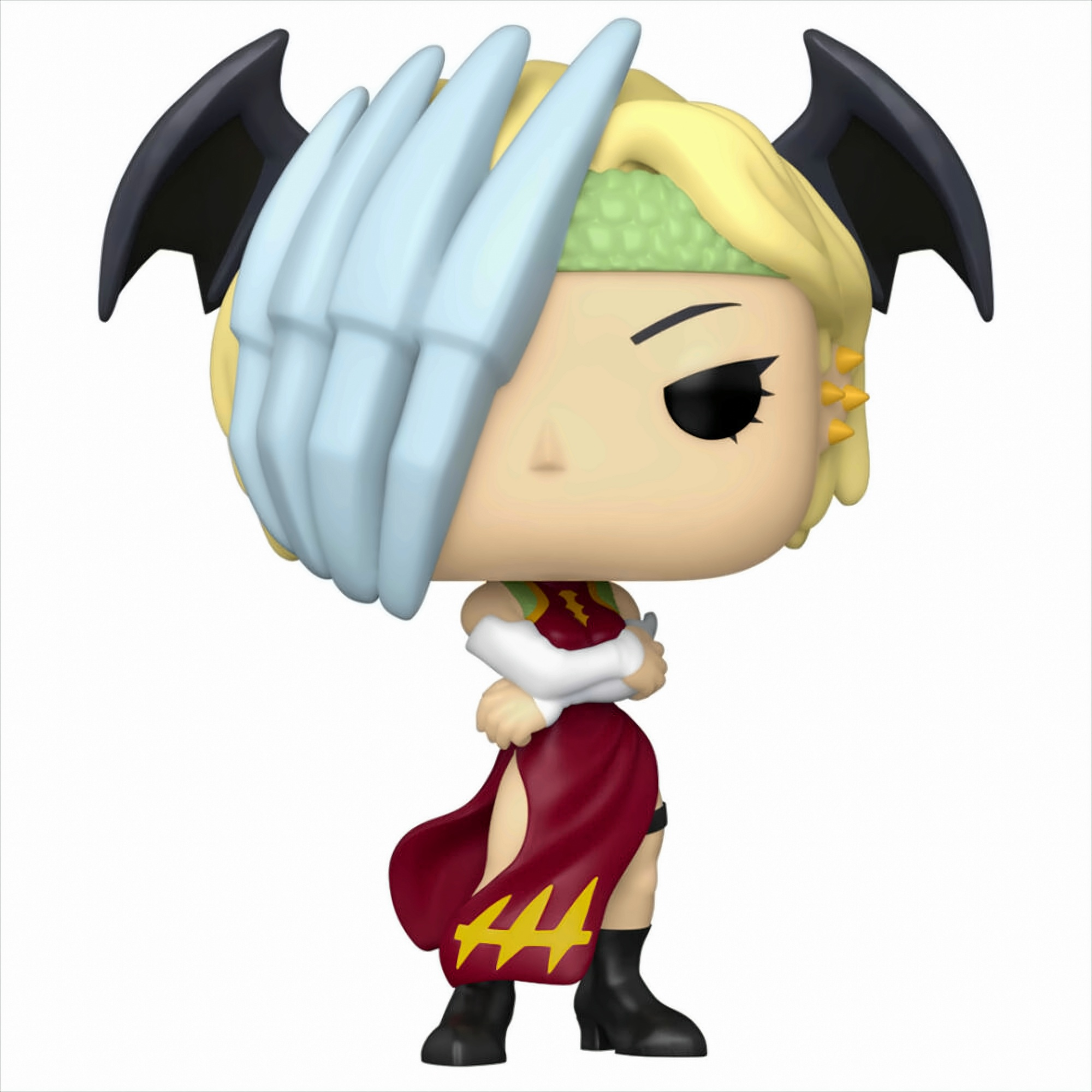 Eine stilisierte Vinylfigur einer blonden weibl. Figur mit Fledermausflügeln, einer Knochenmaske und rotem Kleid.