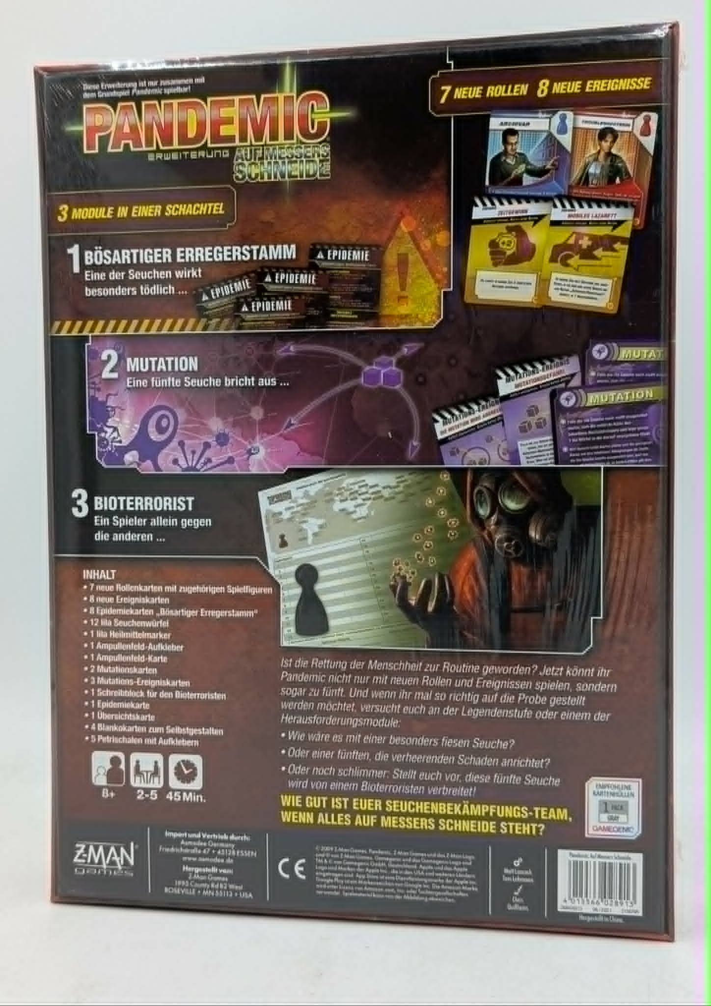 Rückseite der Pandemic Brettspiel-Erweiterung Auf Messers Schneide mit Text, Karten und Spielkomponenten.