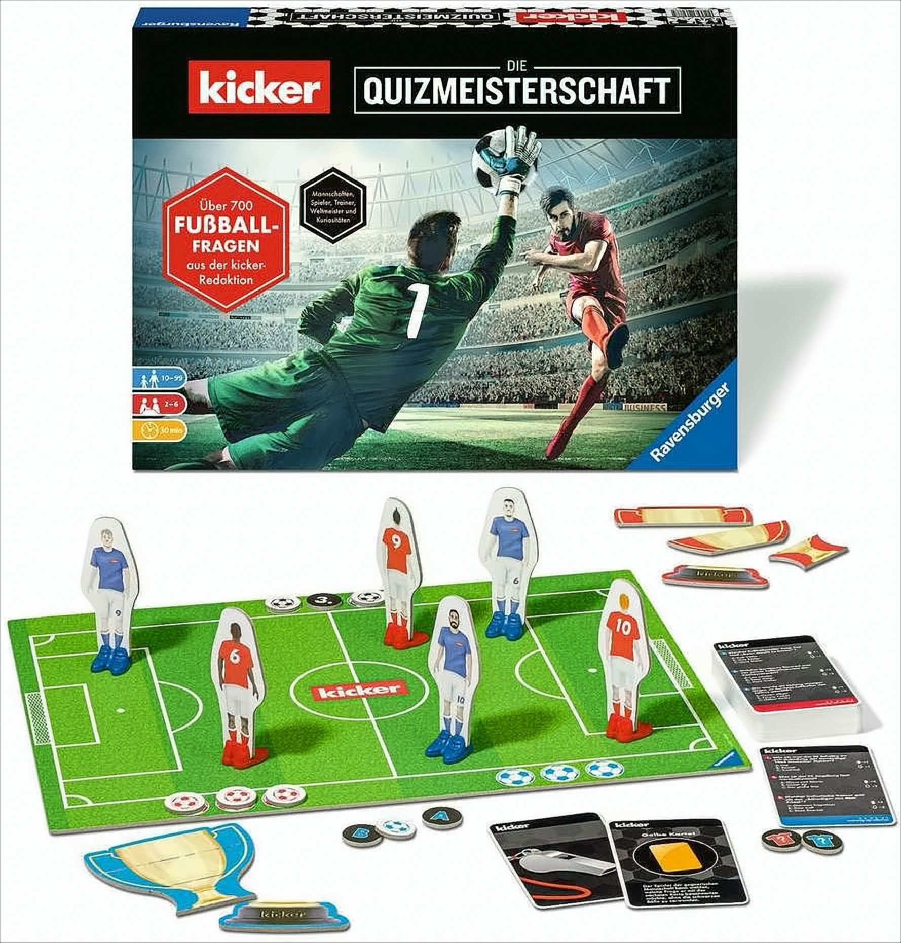 Kicker Quizmeisterschaft Brettspiel mit Spielfeldimitat, Spielerfiguren, Karten und Trophäen-Aufstellern.
