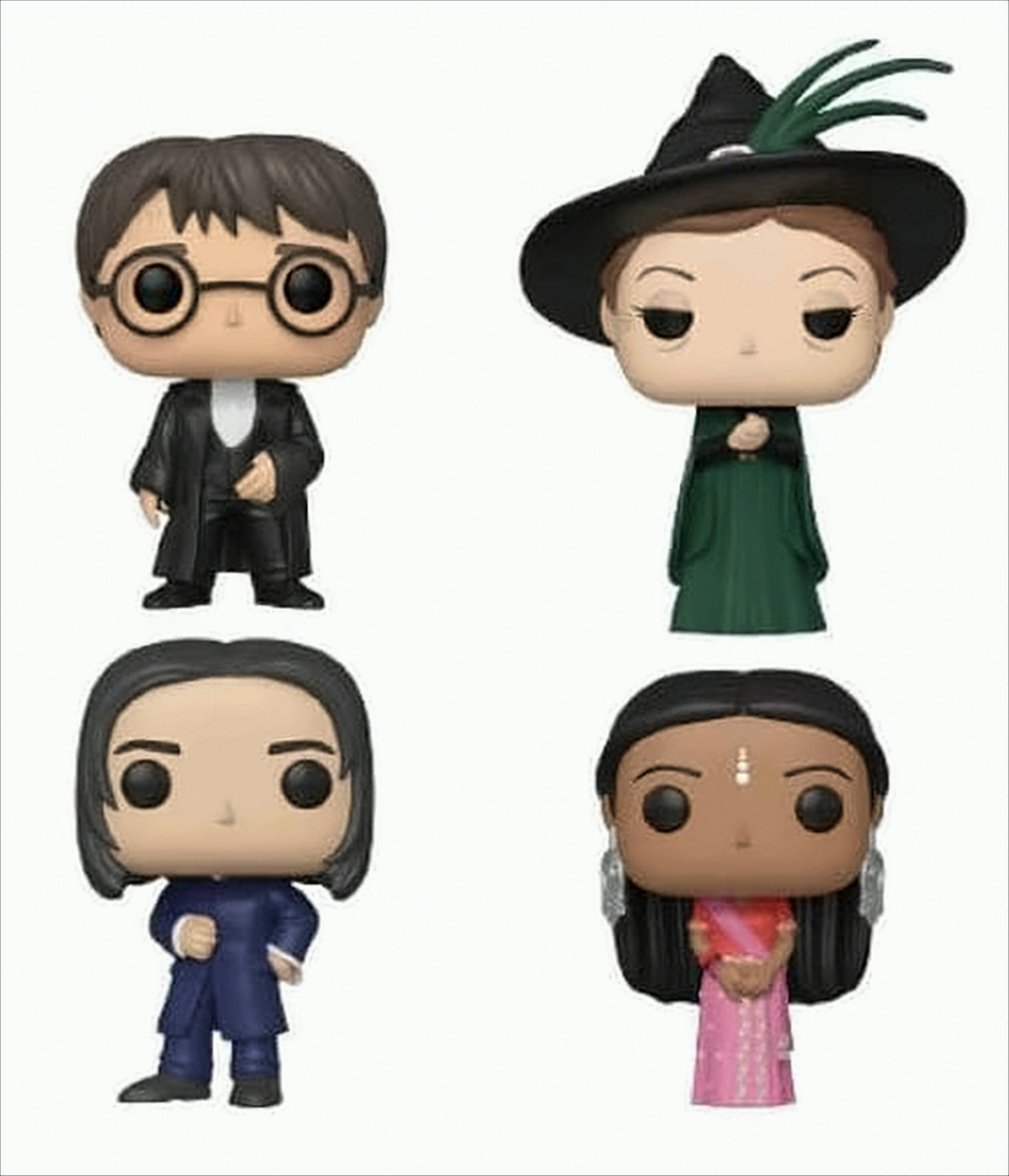 Vier Harry-Potter-Funko-Pop-Figuren vor weißem Hintergrund.