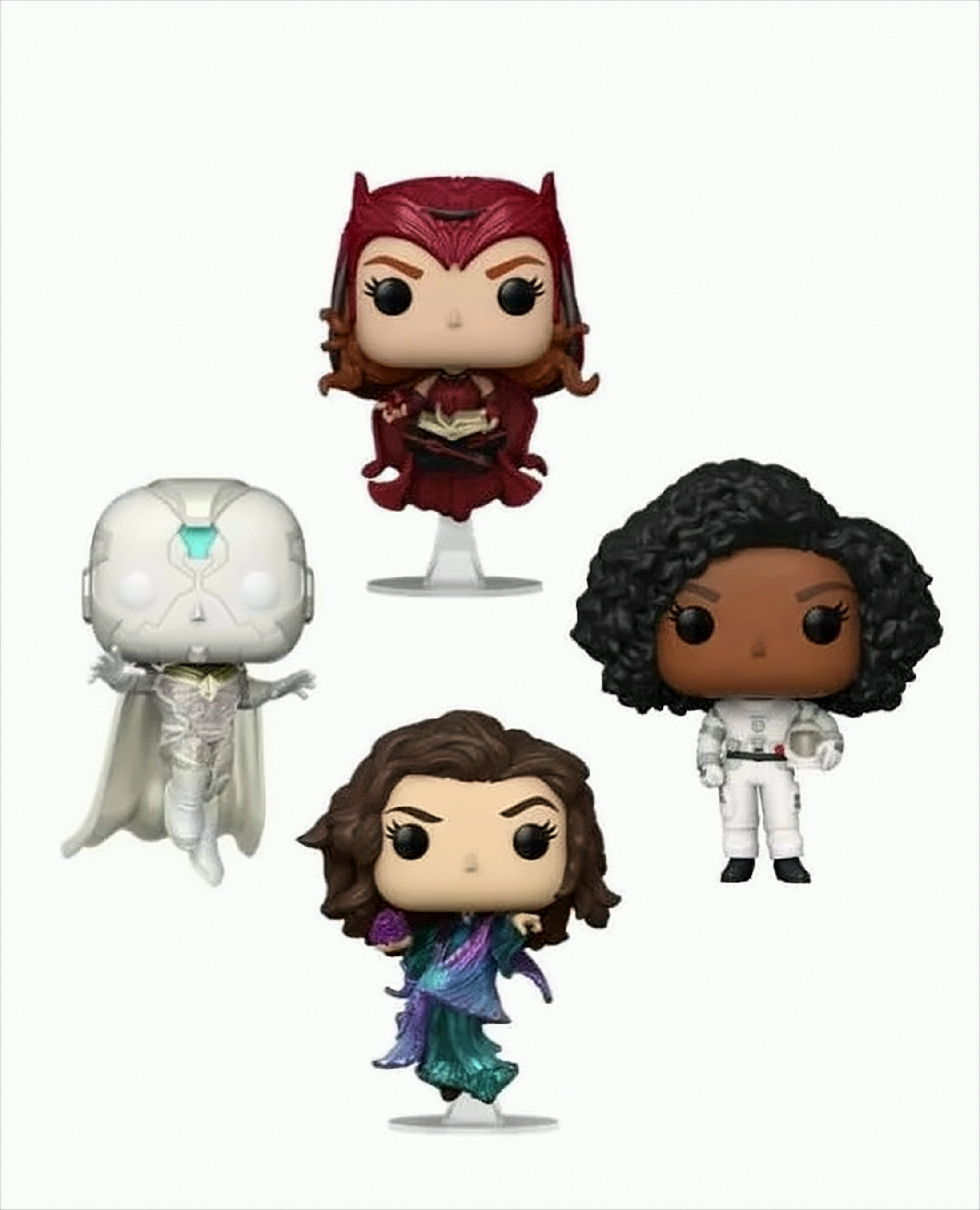 Quattro action figure Funko Pop di personaggi Marvel su sfondo bianco.