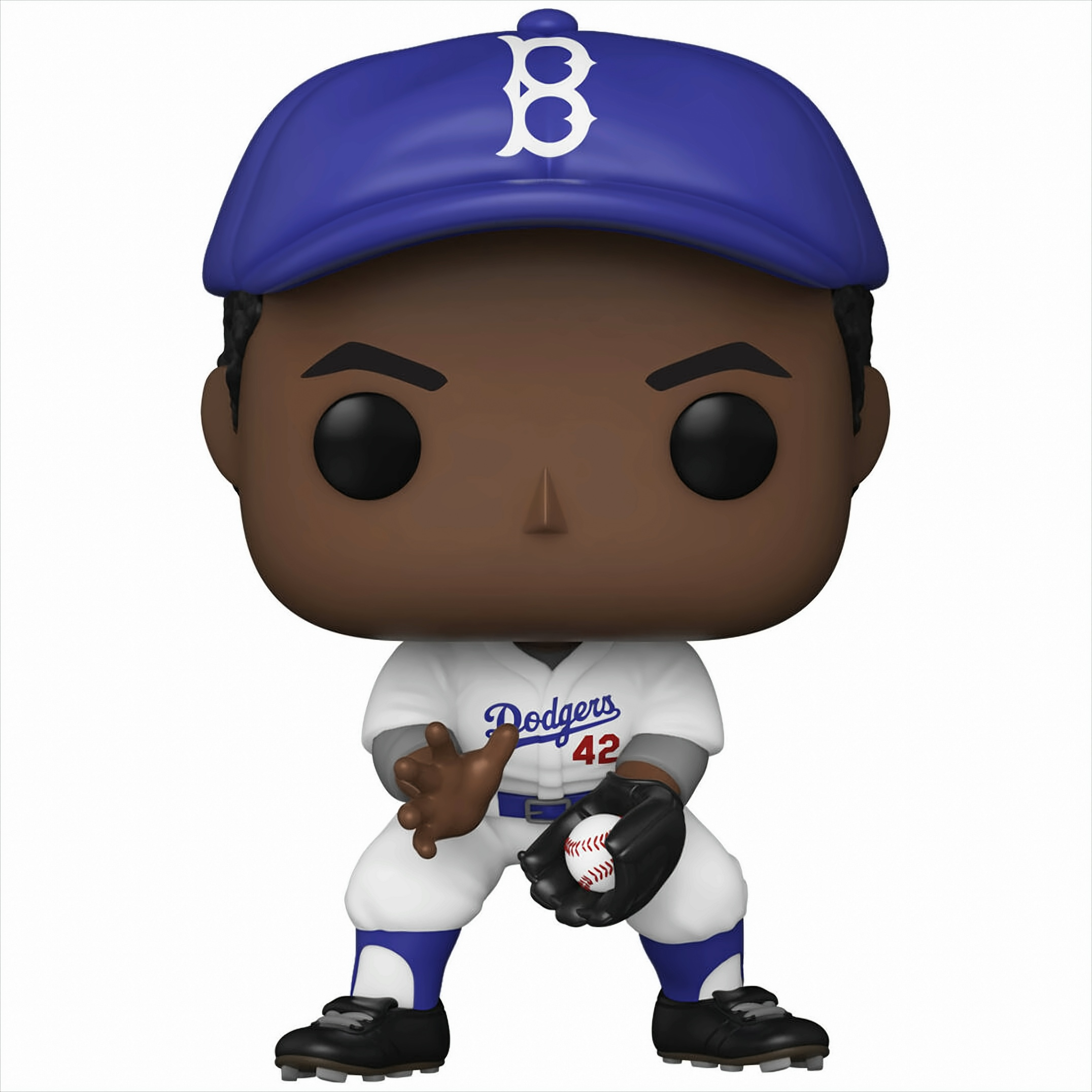 Jackie Robinson Funko Pop Figur in weißem Dodgers-Trikot, blauem Cap und Baseball im Handschuh.