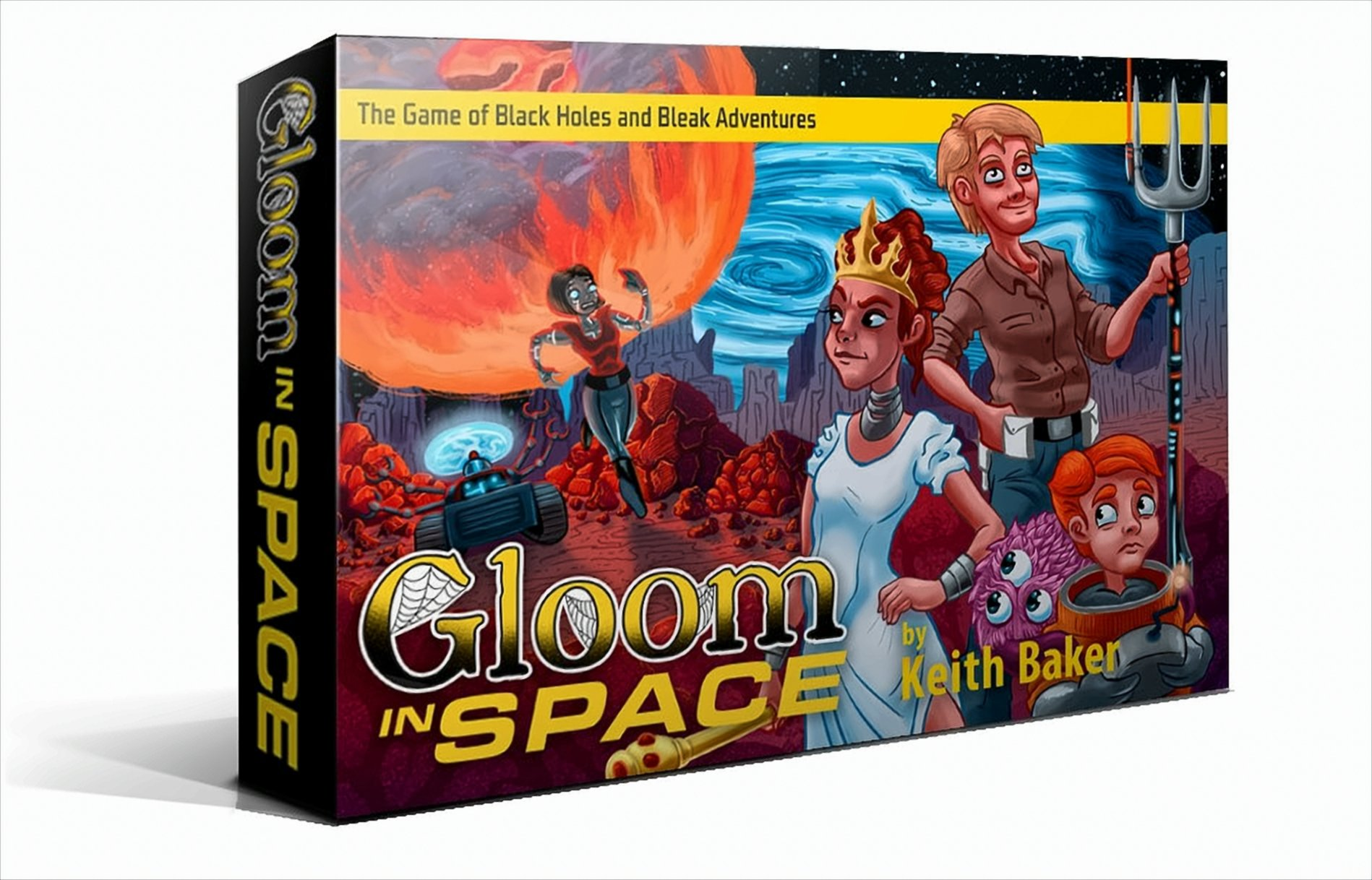 Schachtelcover des Brettspiels Gloom in Space mit Zeichentrickfiguren auf einem felsigen Planeten und einem roten Planeten.