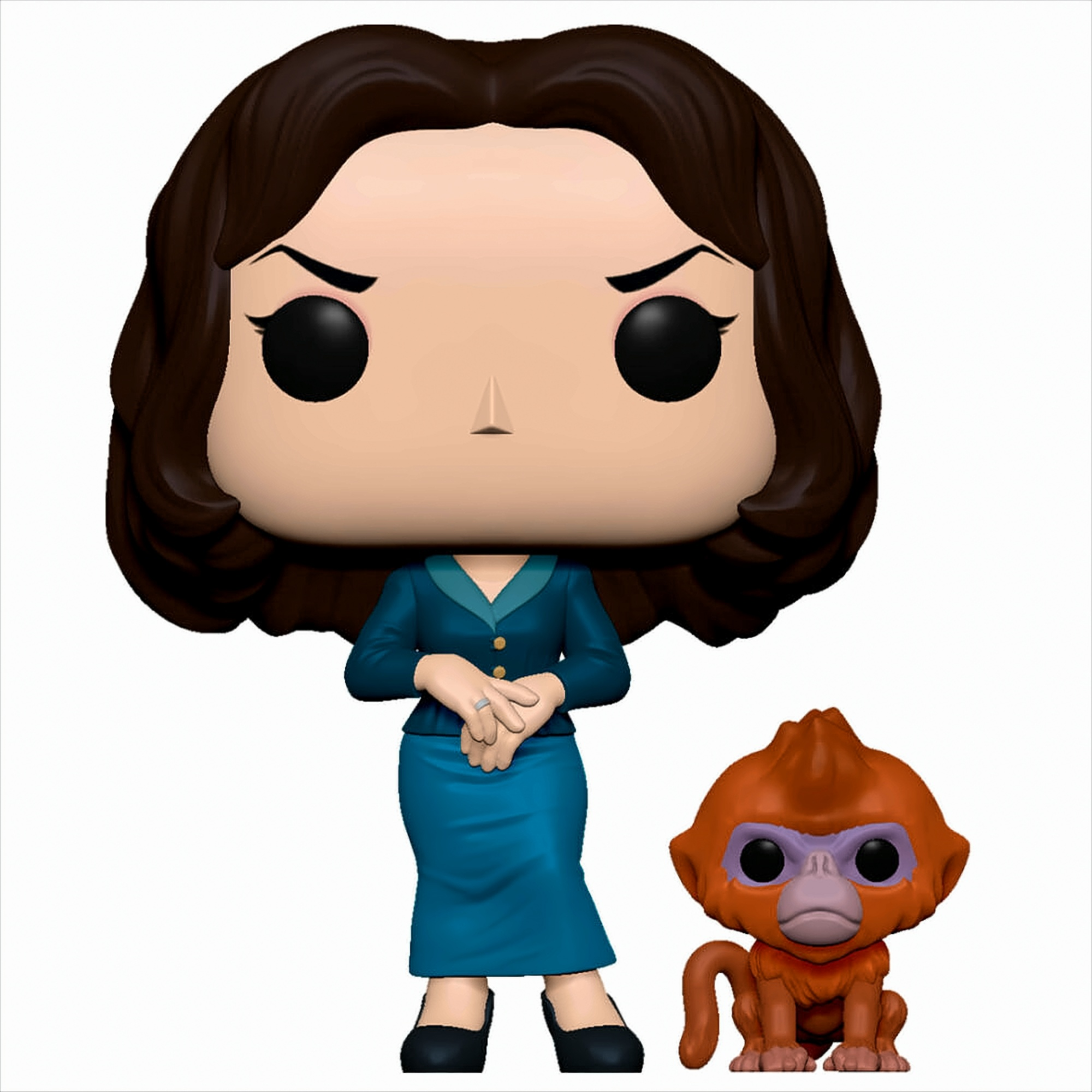 Eine Vinylfigur einer Frau in blauem Kostüm mit dunklem Haar und einem kleinen orangen Affen.