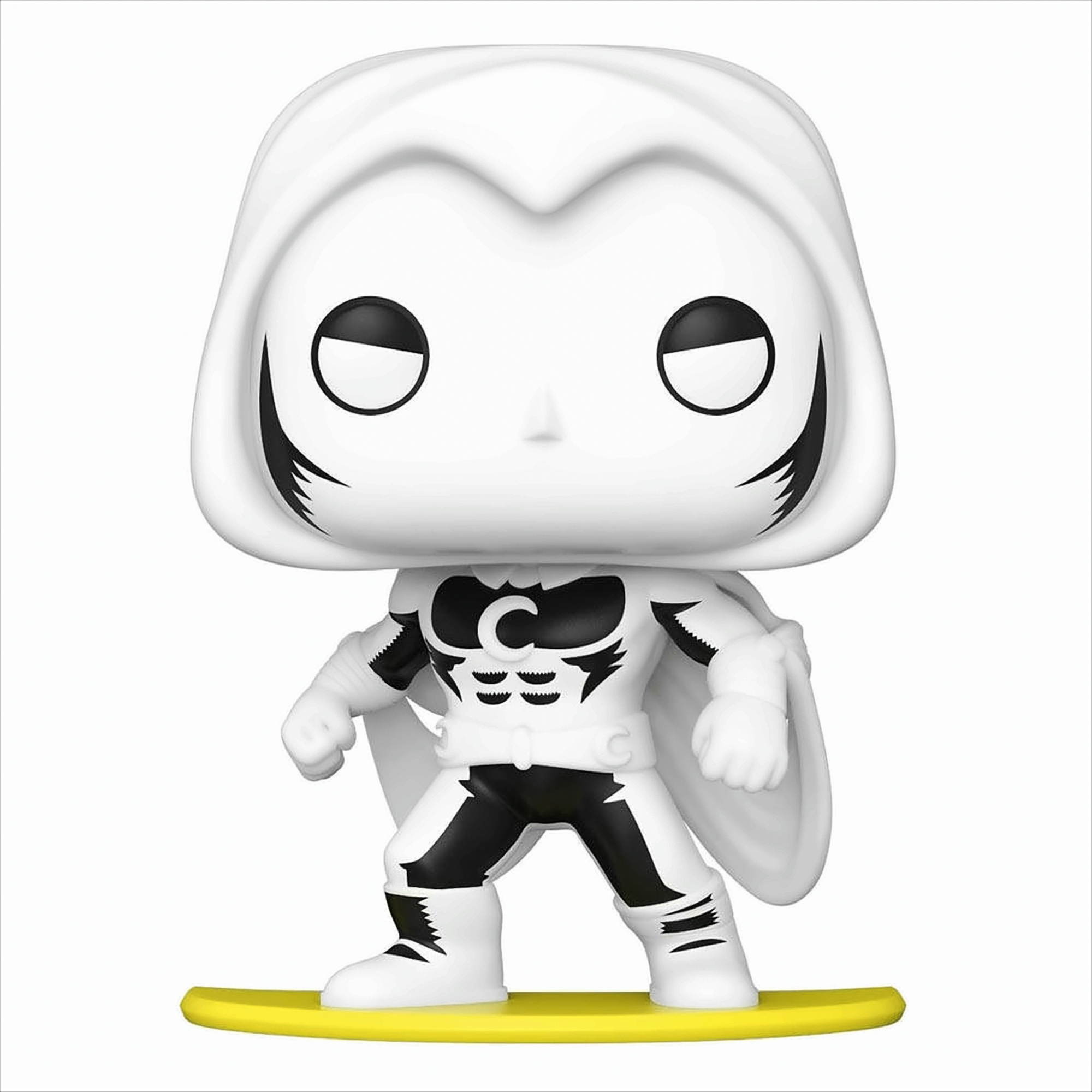 Eine Moon Knight Funko Pop Figur in weißem Kostüm mit schwarzem Halbmond-Symbol auf einer gelben Basis.