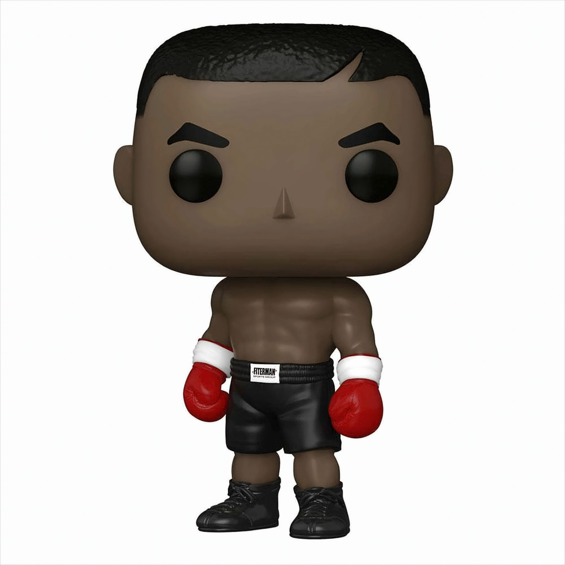 Eine Vinyl-Sammelfigur eines Boxers mit großen schwarzen Augen, schwarzen Shorts, roten Handschuhen und schwarzen Schuhen.