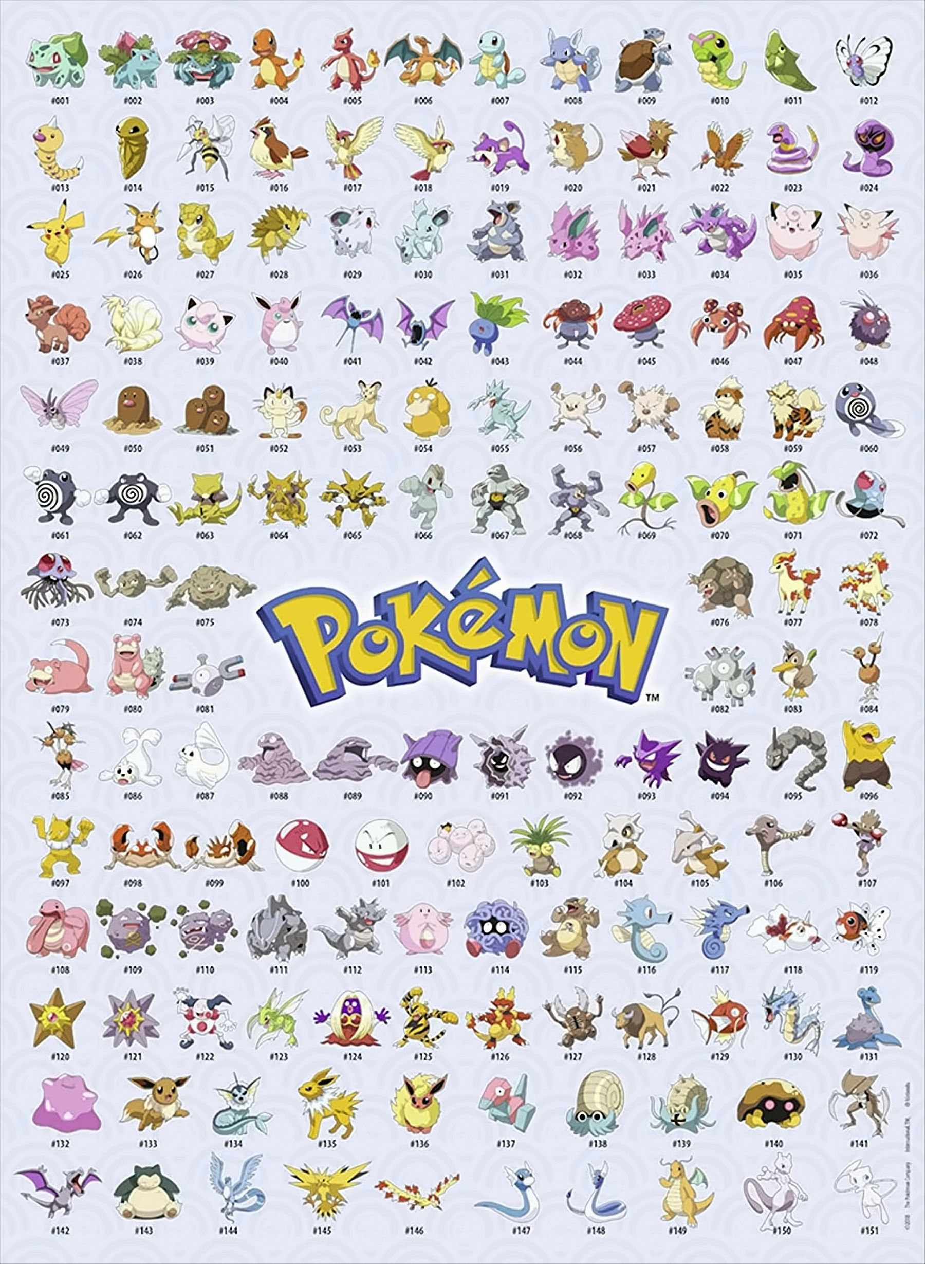 Poster che mostra i primi 151 Pokémon con il logo blu di Pokémon al centro.