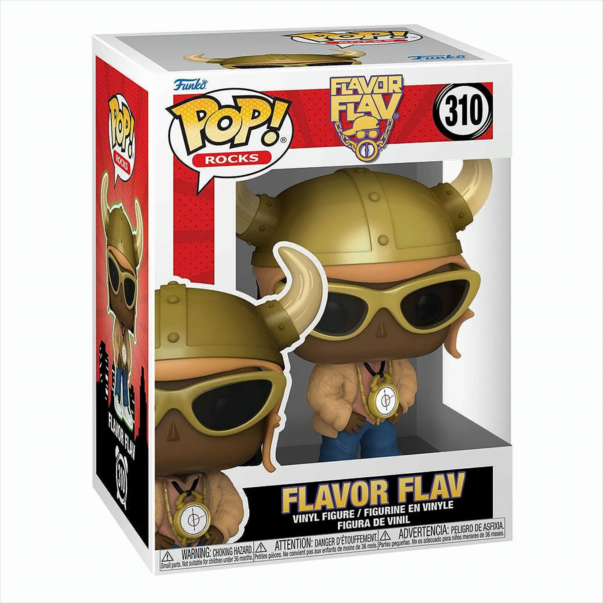 Funko Pop Vinyl Figur von Flavor Flav in Wikingerhelm und mit Uhr.