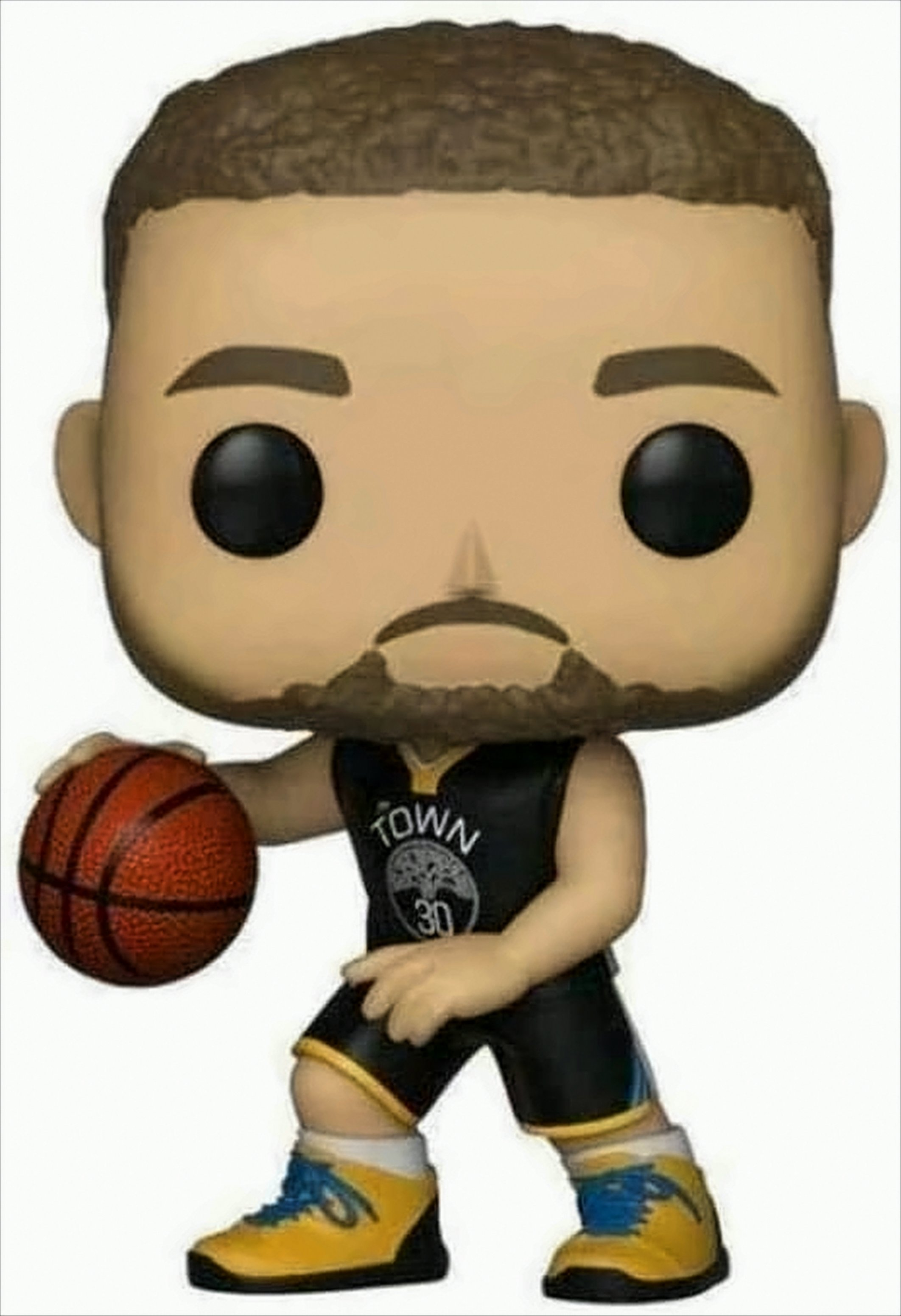 Una figura collezionabile in vinile di un giocatore di basket con la barba, maglia dei Warriors e un pallone.