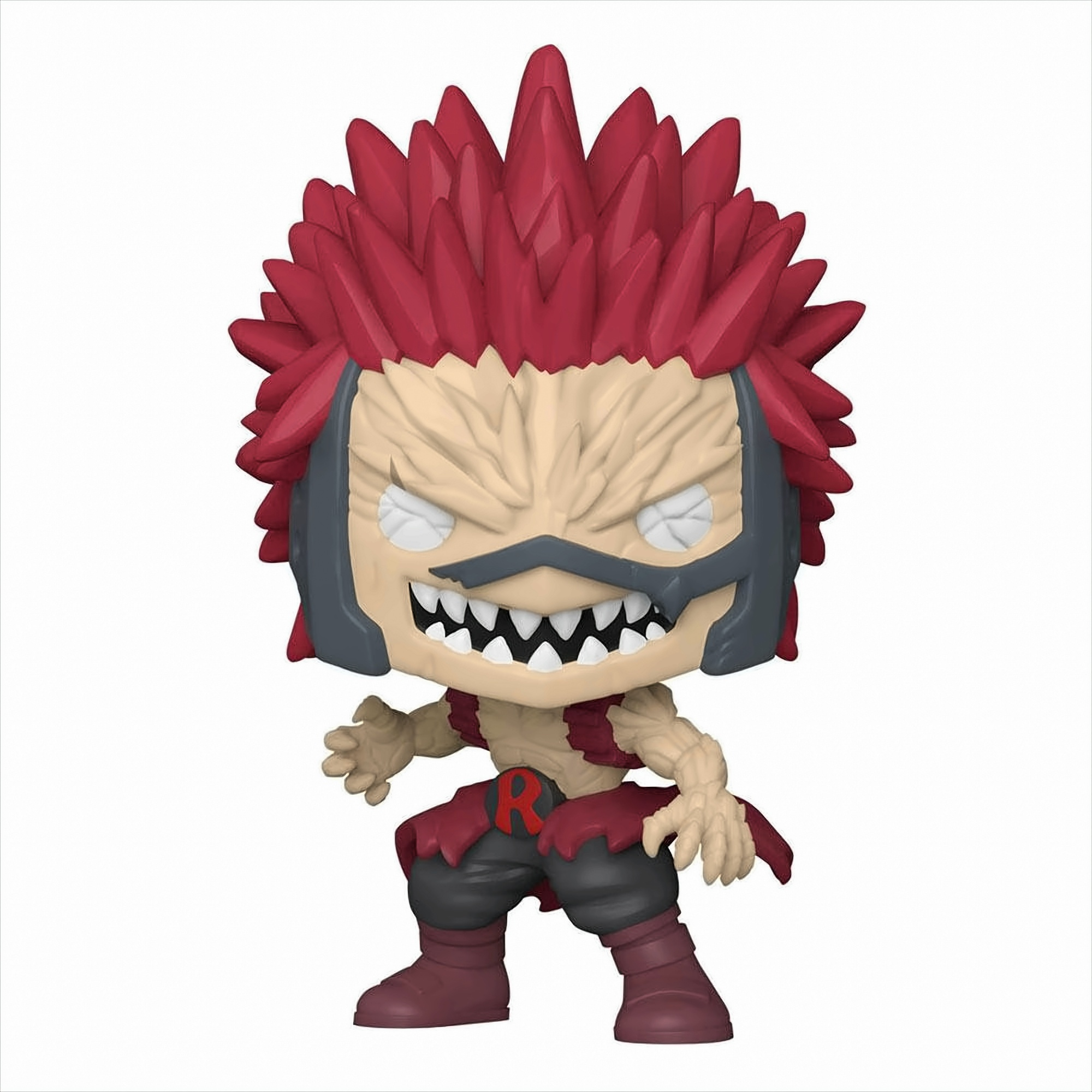 Eine Funko Pop Figur von Eijiro Kirishima mit rotem Stachelhaar, grimmigem Gesicht, gefletschten Zähnen und Rüstung.