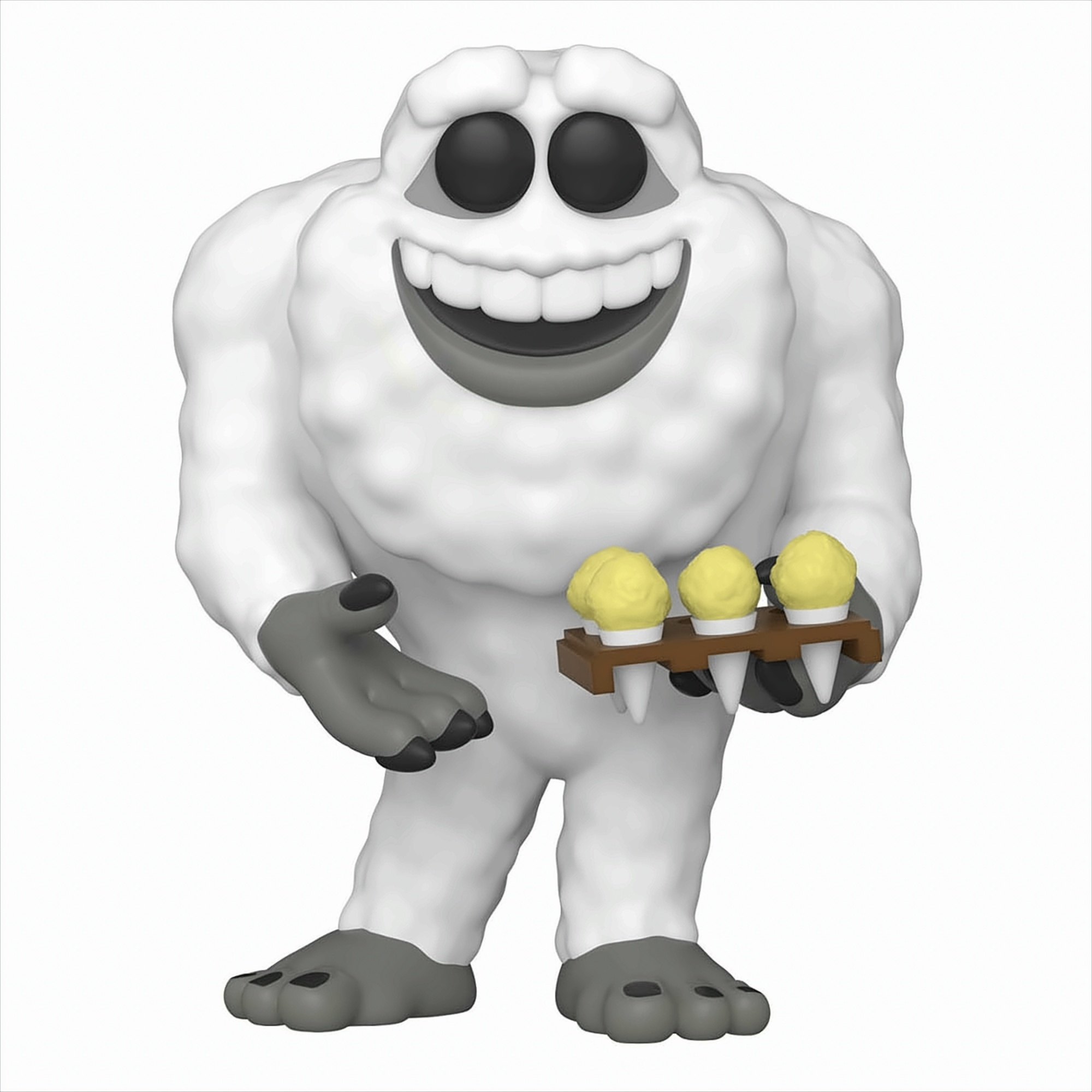 Ein weißer Yeti mit breitem Lächeln hält einen kleinen Ständer mit drei gelben Eistüten vor weißem Hintergrund.