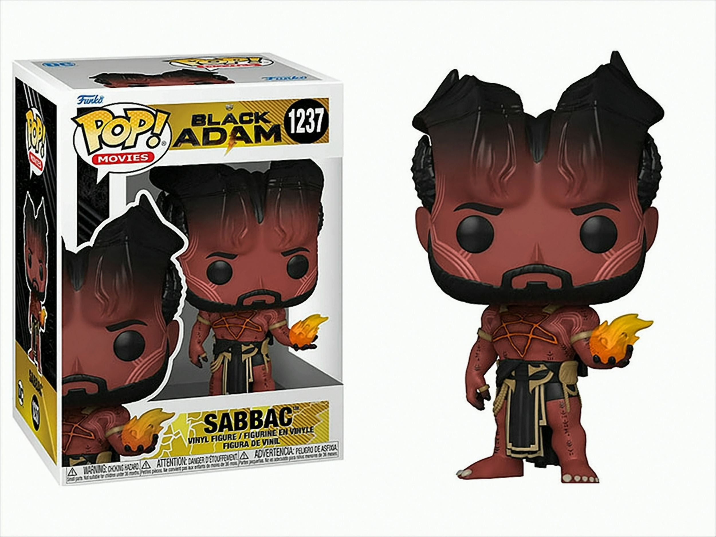 Sabbac Funko Pop Vinyl-Figur mit Flamme und Verpackung links vor weißem Hintergrund.