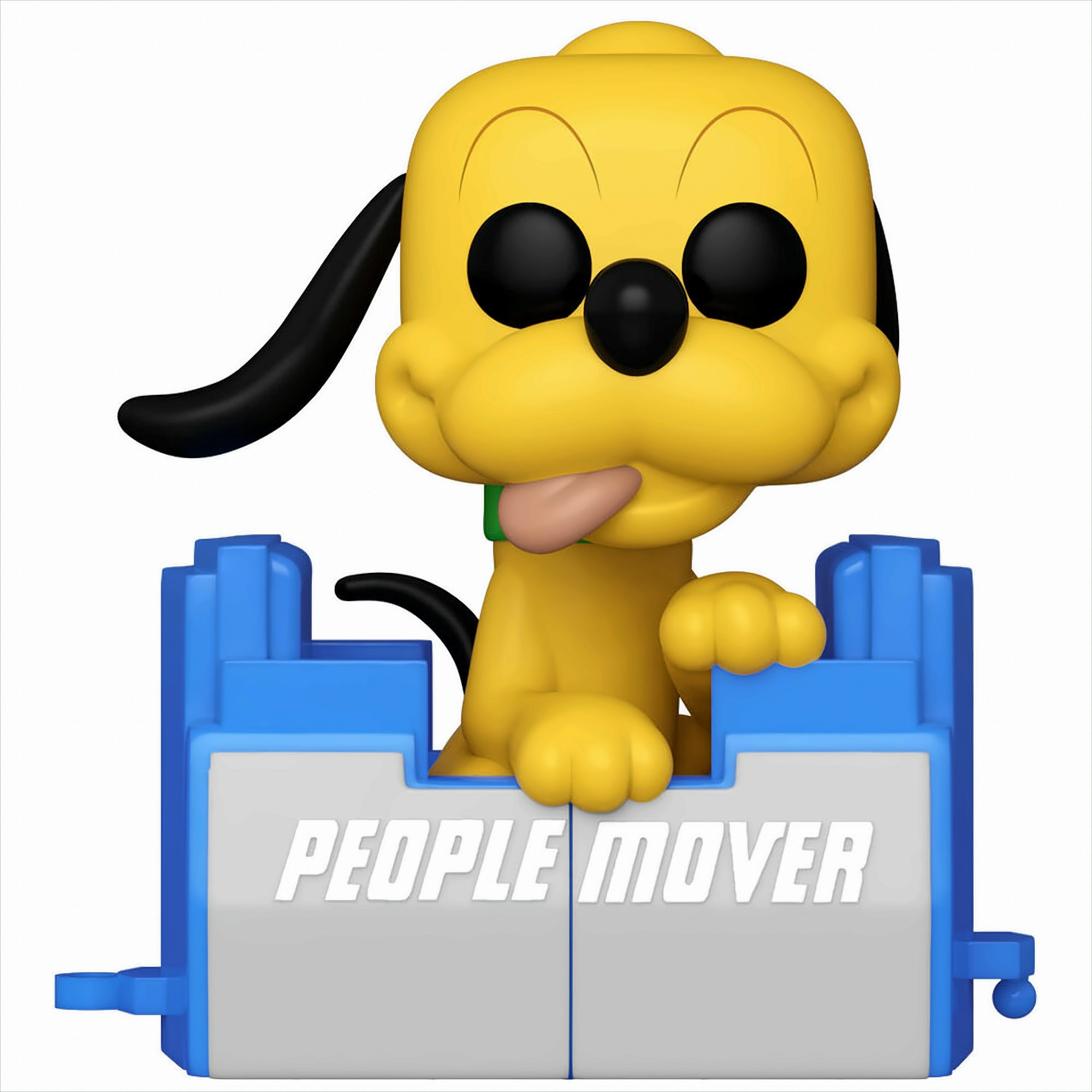 Pluto als Funko Pop Figur in einem blauen People Mover Fahrzeug mit weißer Aufschrift.