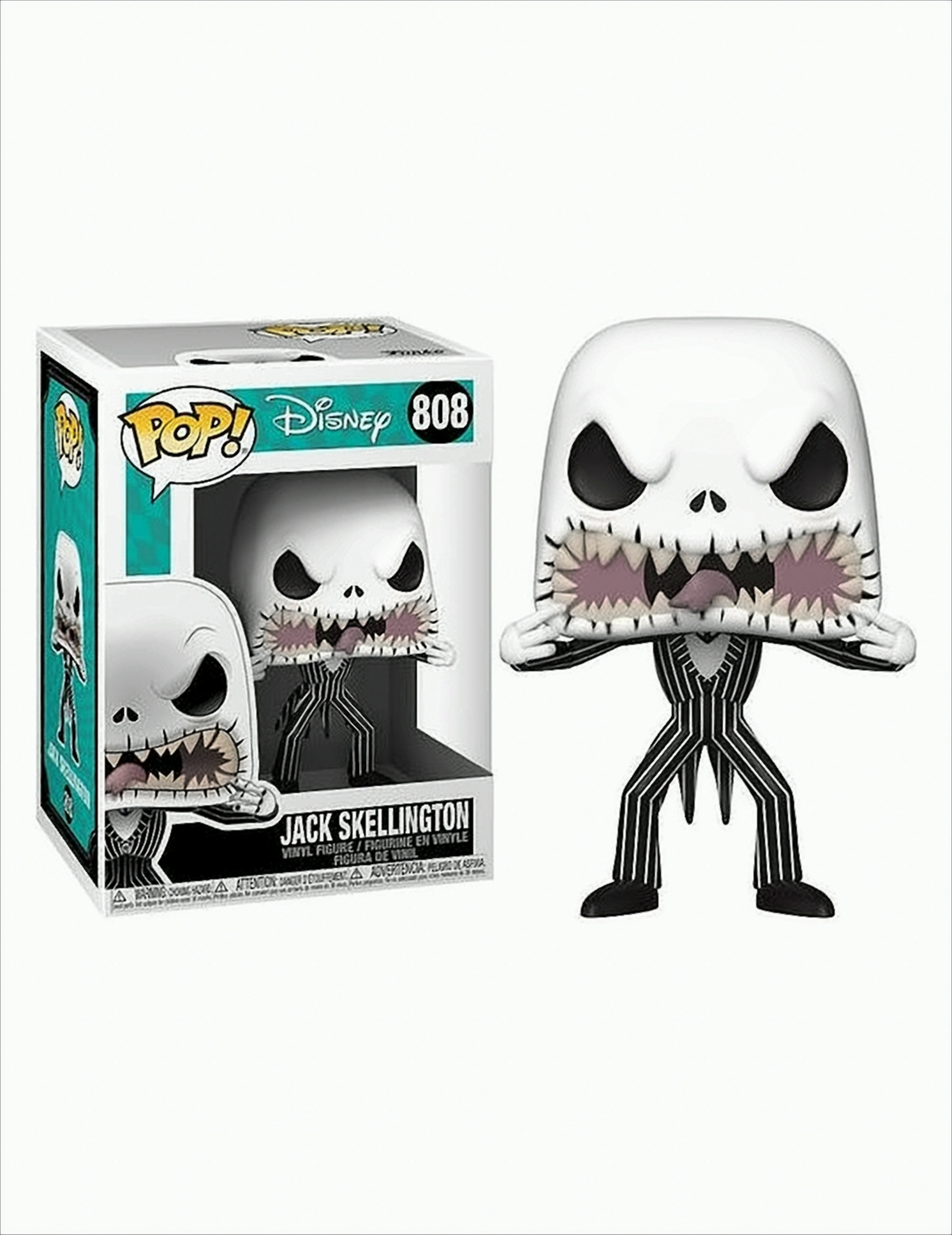 Action figure Funko Pop di Jack Skellington con bocca aperta accanto alla scatola.