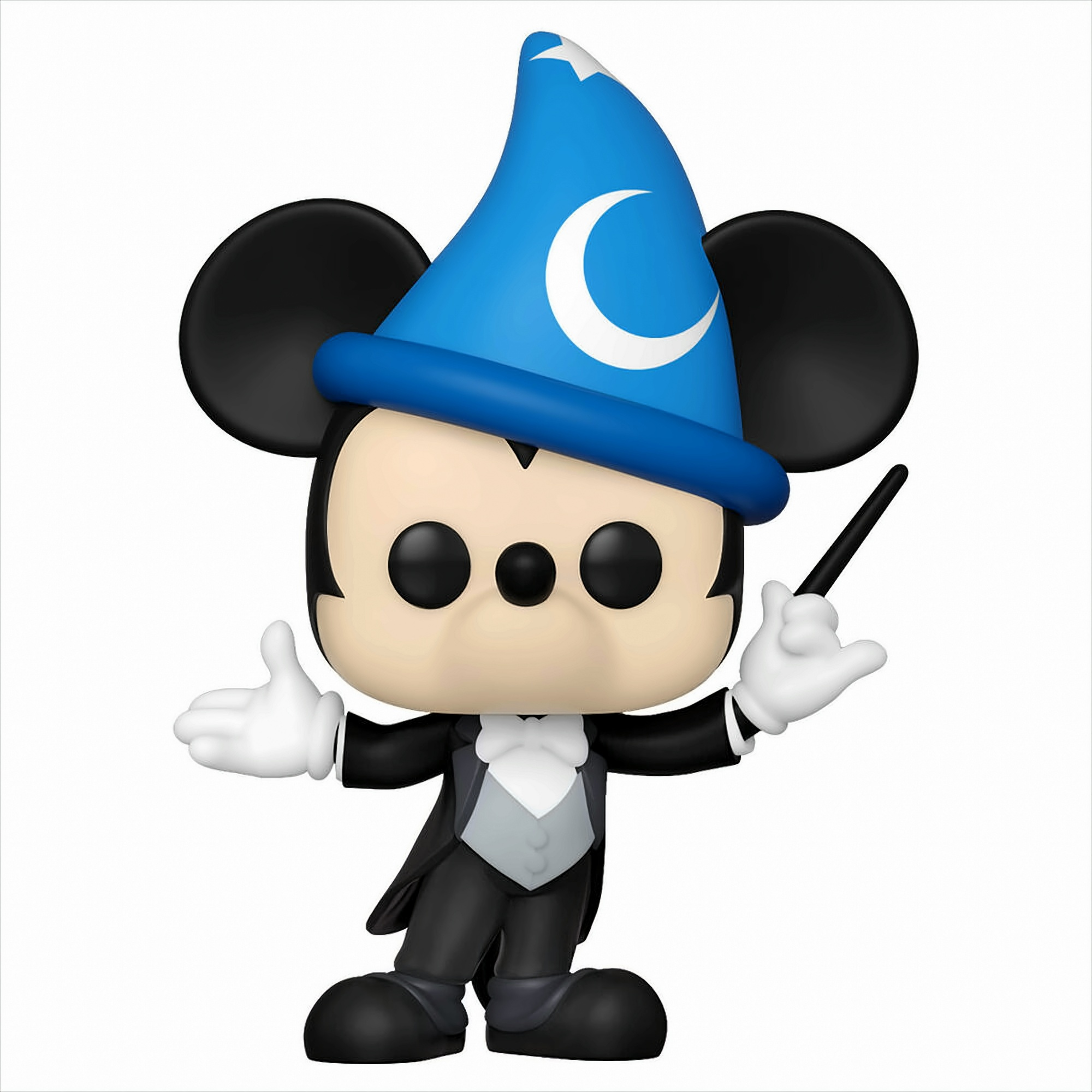 Eine Funko Pop-Figur von Mickey Mouse als Zauberer mit blauem Hut, Stern und Stab vor weißem Hintergrund.