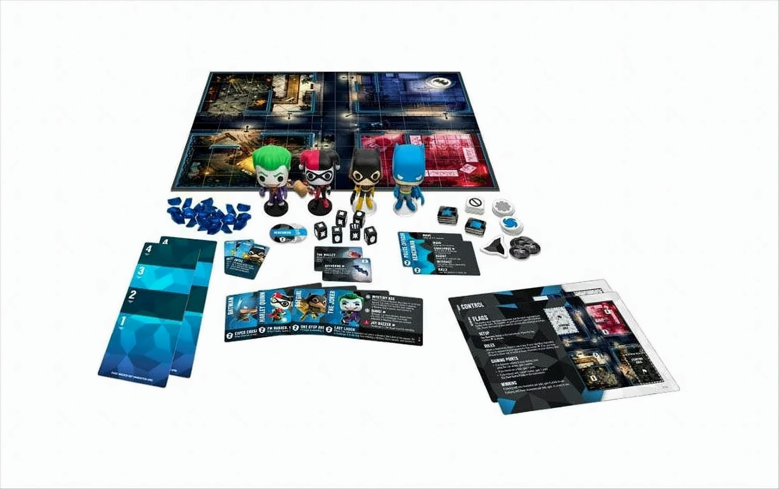 Brettspiel mit dunkler Stadtkarte, vier Figuren, Karten, Würfeln, blauen Marken und Anleitungen.