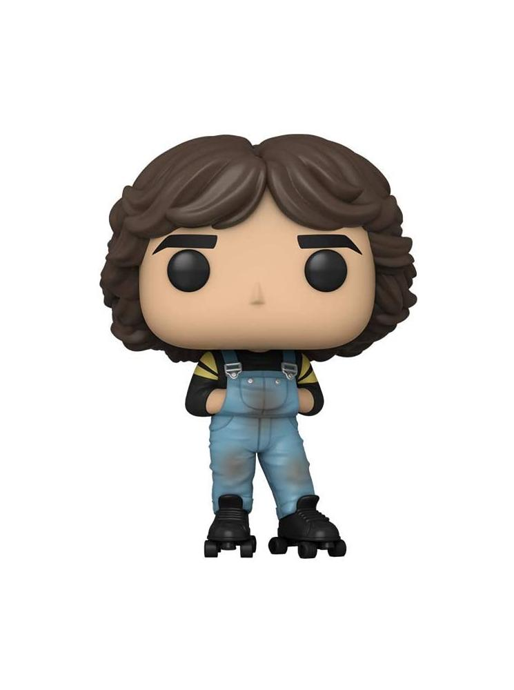 Eine Vinyl-Sammelfigur mit braunem Haar, blauer Latzhose und schwarzen Rollschuhen auf weißem Hintergrund.