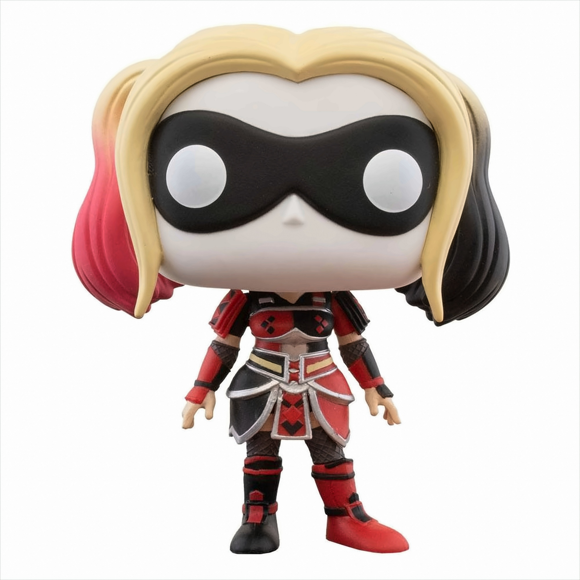 Eine Harley Quinn Funko Pop Figur in Rot und Schwarz mit Maske.