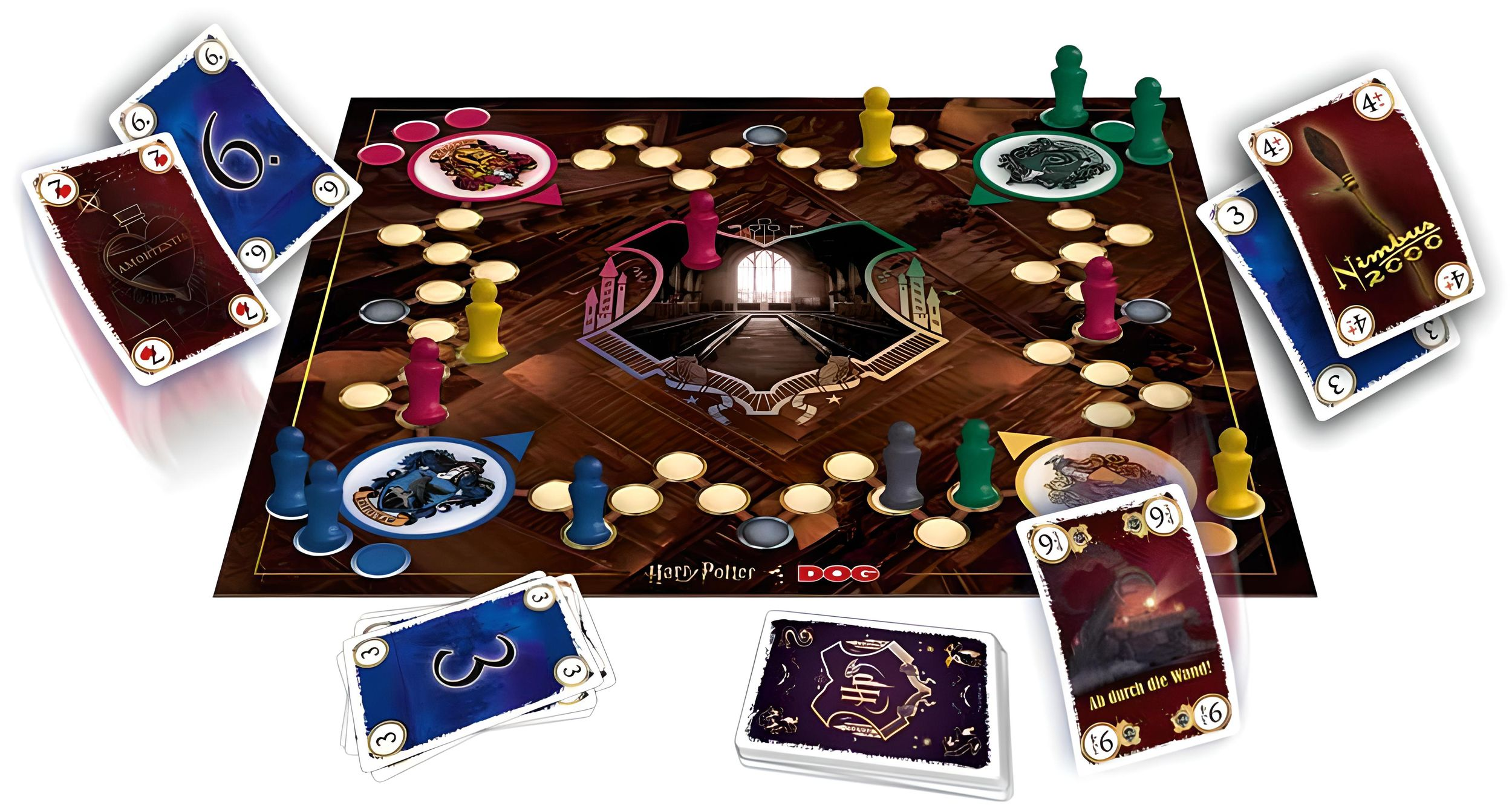 Jeu de plateau Harry Potter Dog avec plateau coloré, pions et cartes thématisées.