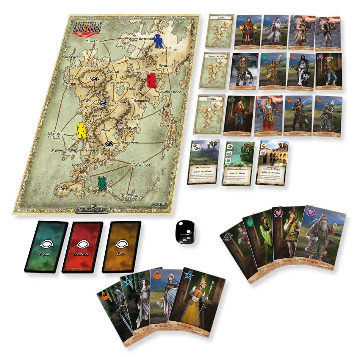 Ein Brettspiel mit einer grossen alten Karte, verschiedenen Charakterkarten, Regionenkarten, Würfel und Markern.