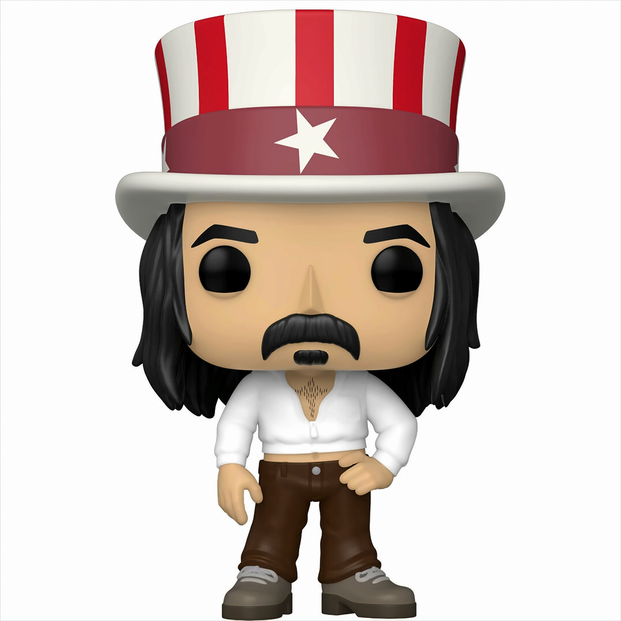 Eine Funko Pop-Figur von Danzig in einem weißen Hemd, braunen Hosen und einem großen rot-weißen Zylinderhut mit Stern.