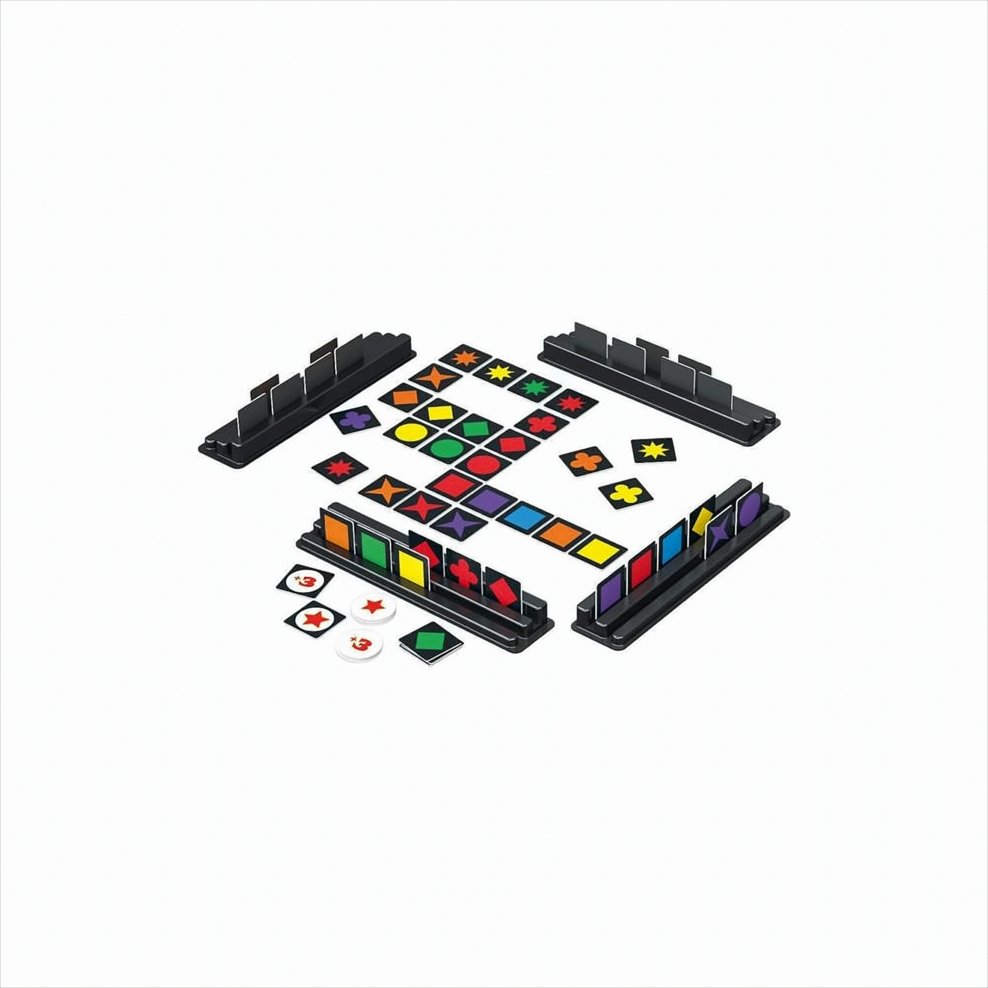 Brettspiel mit schwarzen Fliesenregalen, bunten Formfliegen und runden Markern auf weißem Grund.