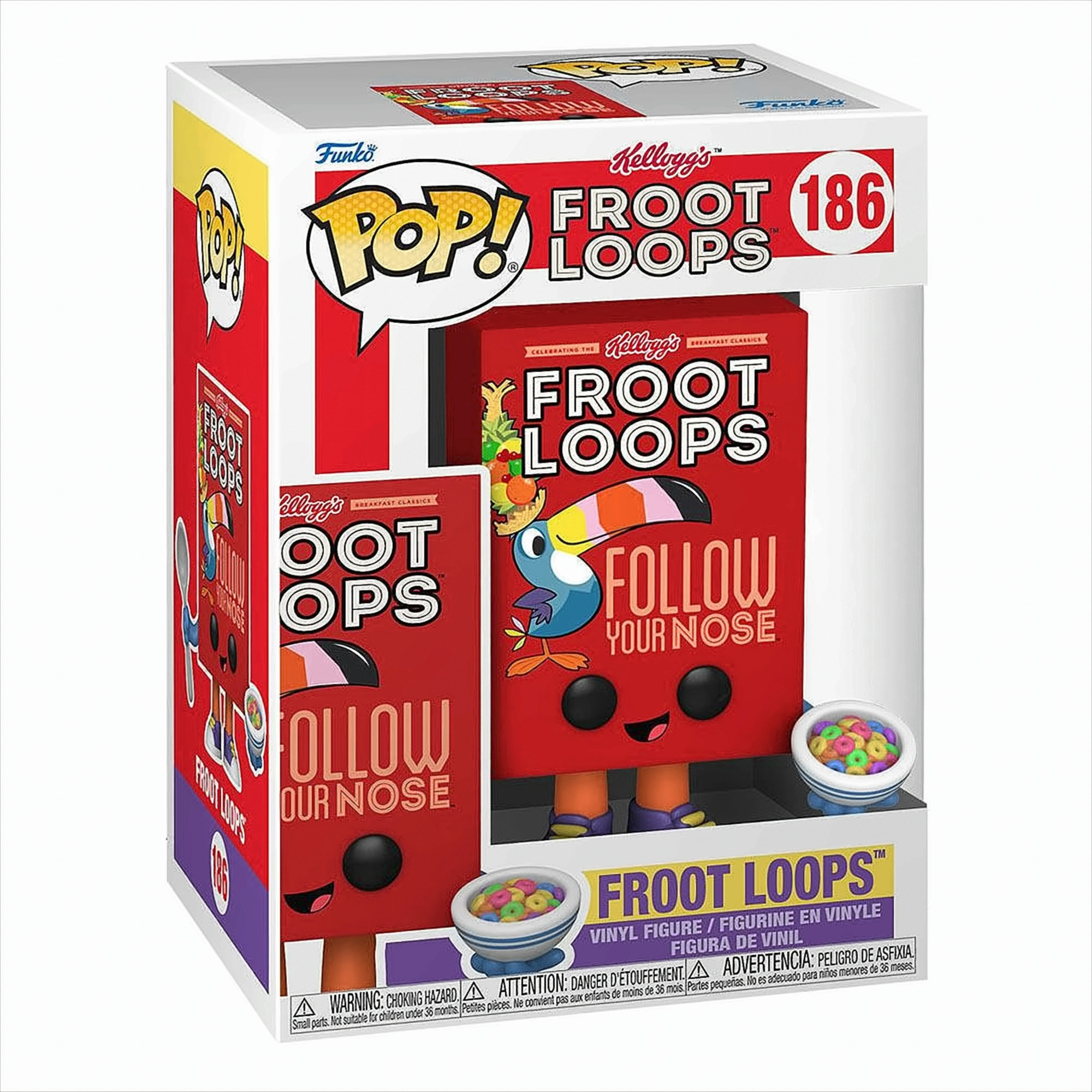 Eine Funko Pop Box mit einer roten Froot Loops Müslischachtel als Figur mit Toucan Sam Gesicht und Müslischale.