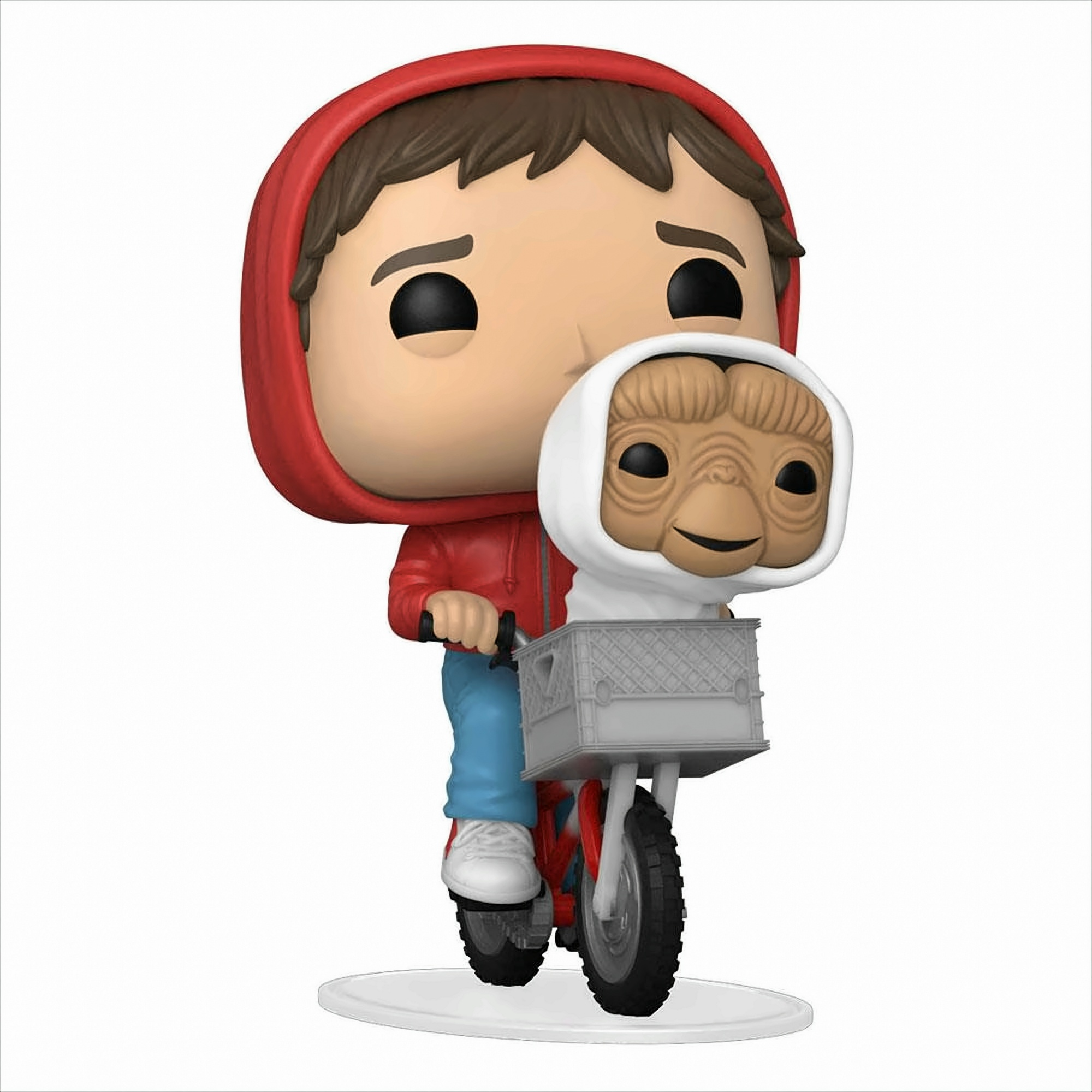 Funko-Pop-Figur von Elliott im roten Hoodie auf dem Fahrrad, der E.T. im Korb transportiert.