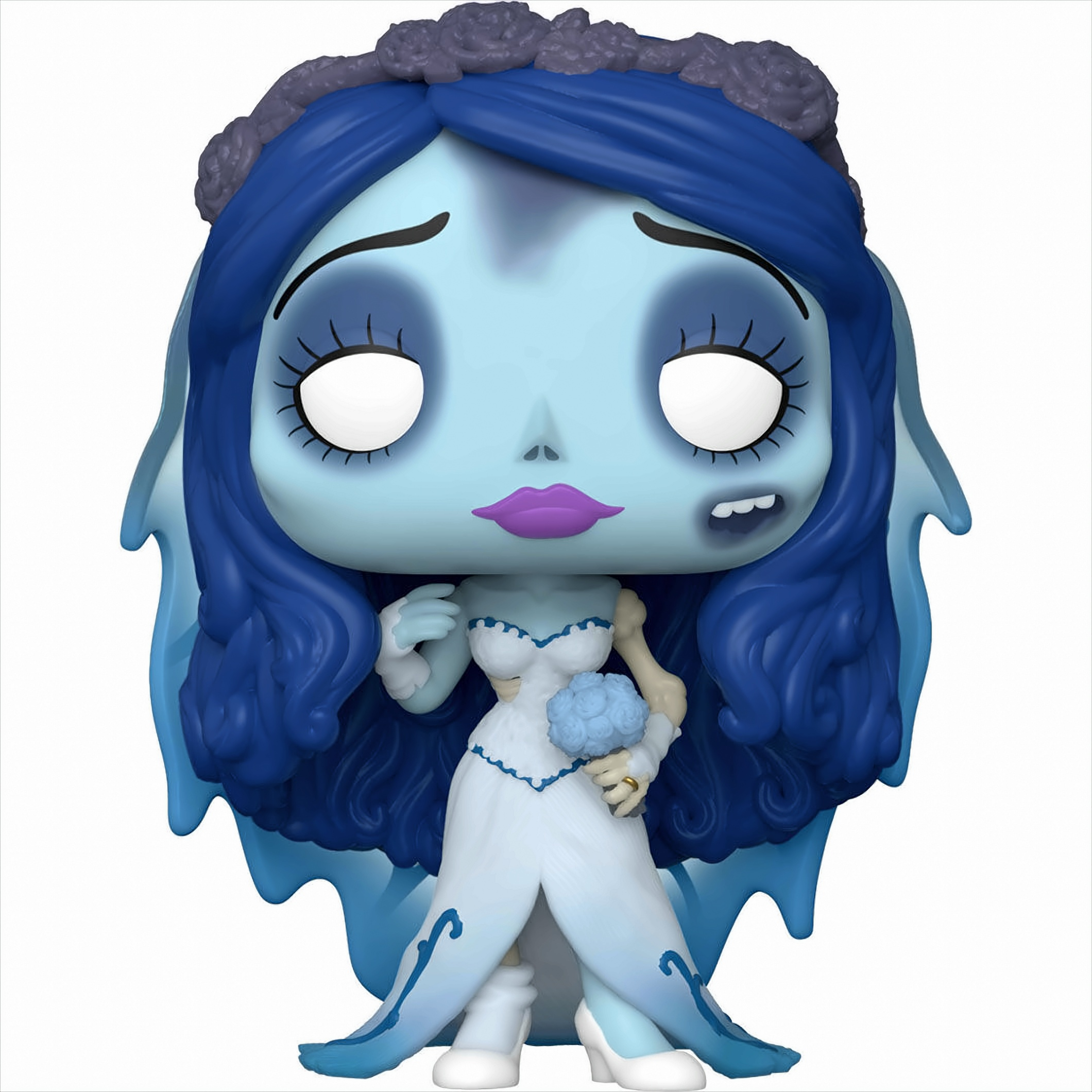 Eine blauhäutige Leichenbraut-Figur in weißem Kleid mit blauem Brautstrauß und langem blauen Haar vor weißem Hintergrund.