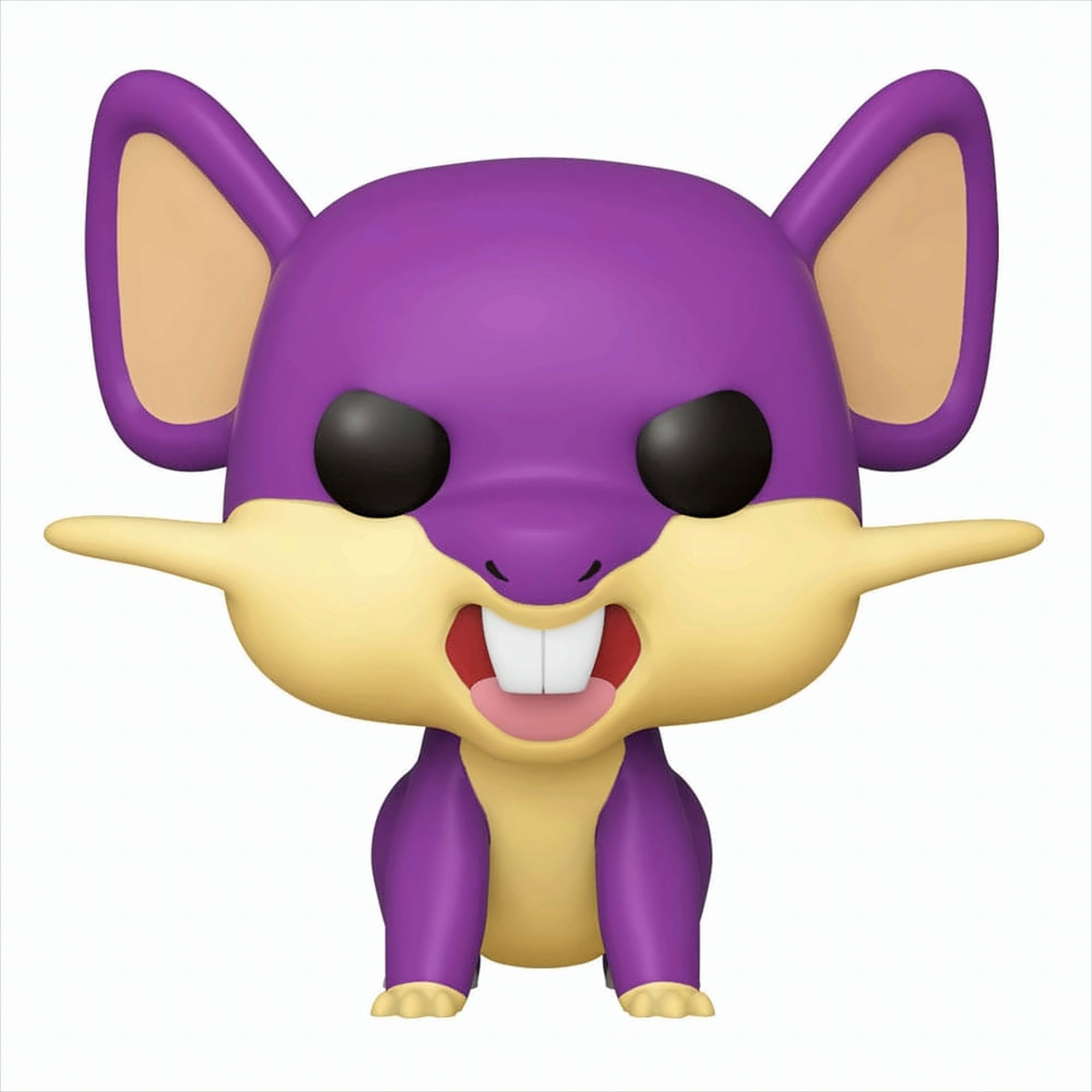 Una statuetta di Rattat viola e gialla con grandi orecchie, occhi neri e due denti anteriori prominenti.