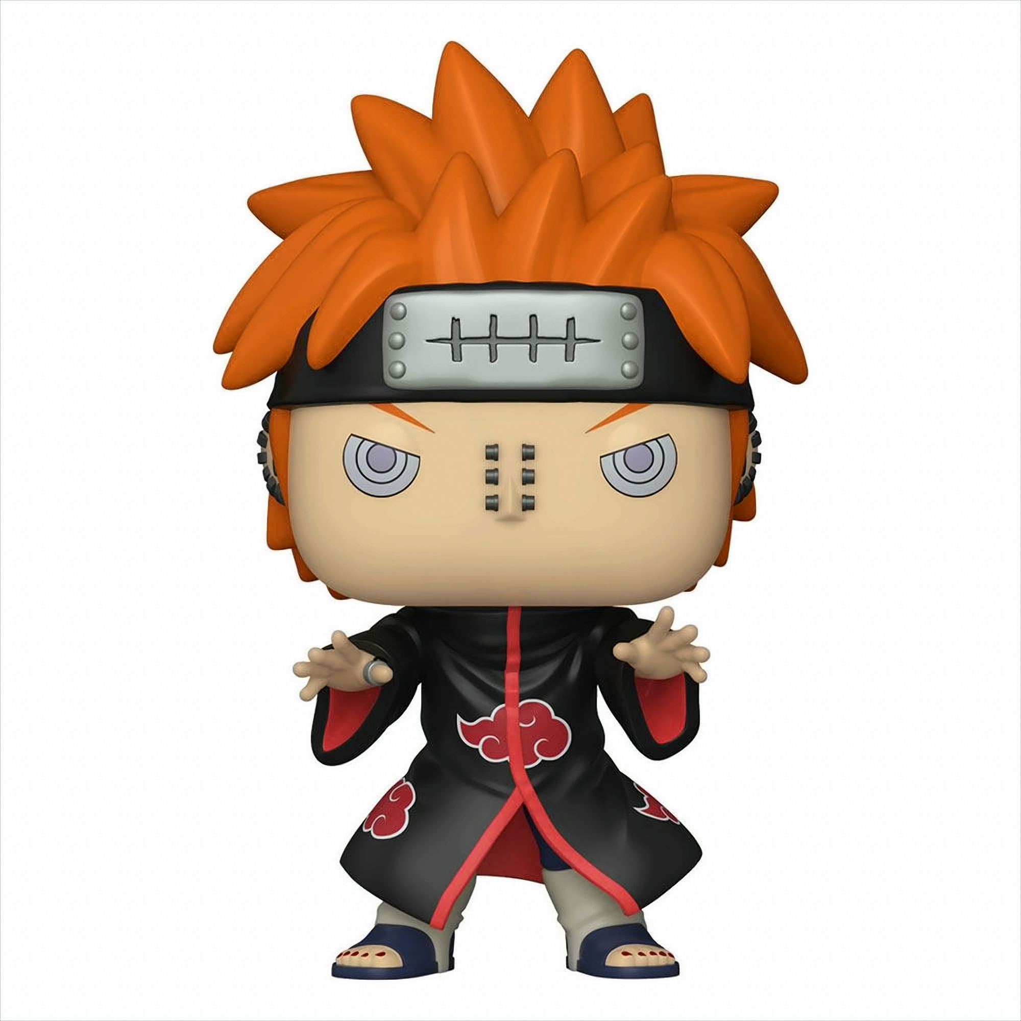Eine Funko-Pop-Figur von Pain aus Naruto in schwarzem Mantel mit roten Wolken und orangefarbenen Haaren.