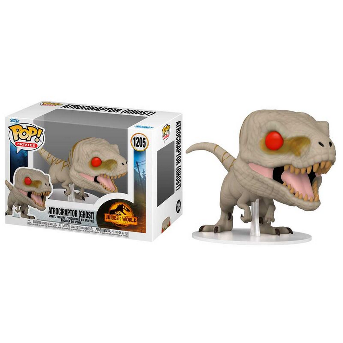 Jurassic World Atrociraptor Ghost Funko Pop Figur neben ihrer Markenverpackung.