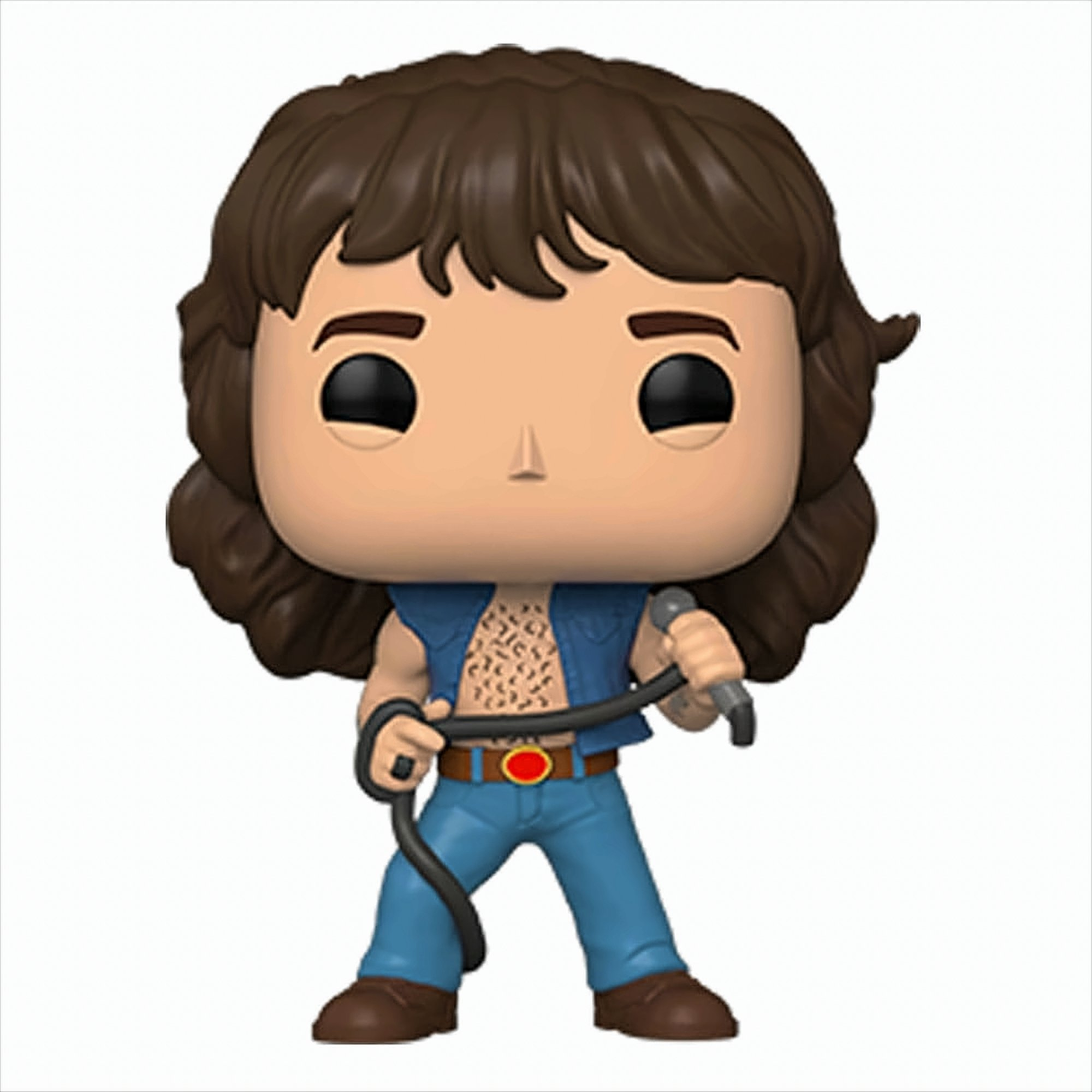 Eine Vinyl-Sammelfigur mit braunem Haar, blauer Weste, Jeans und Mikrofonkabel.