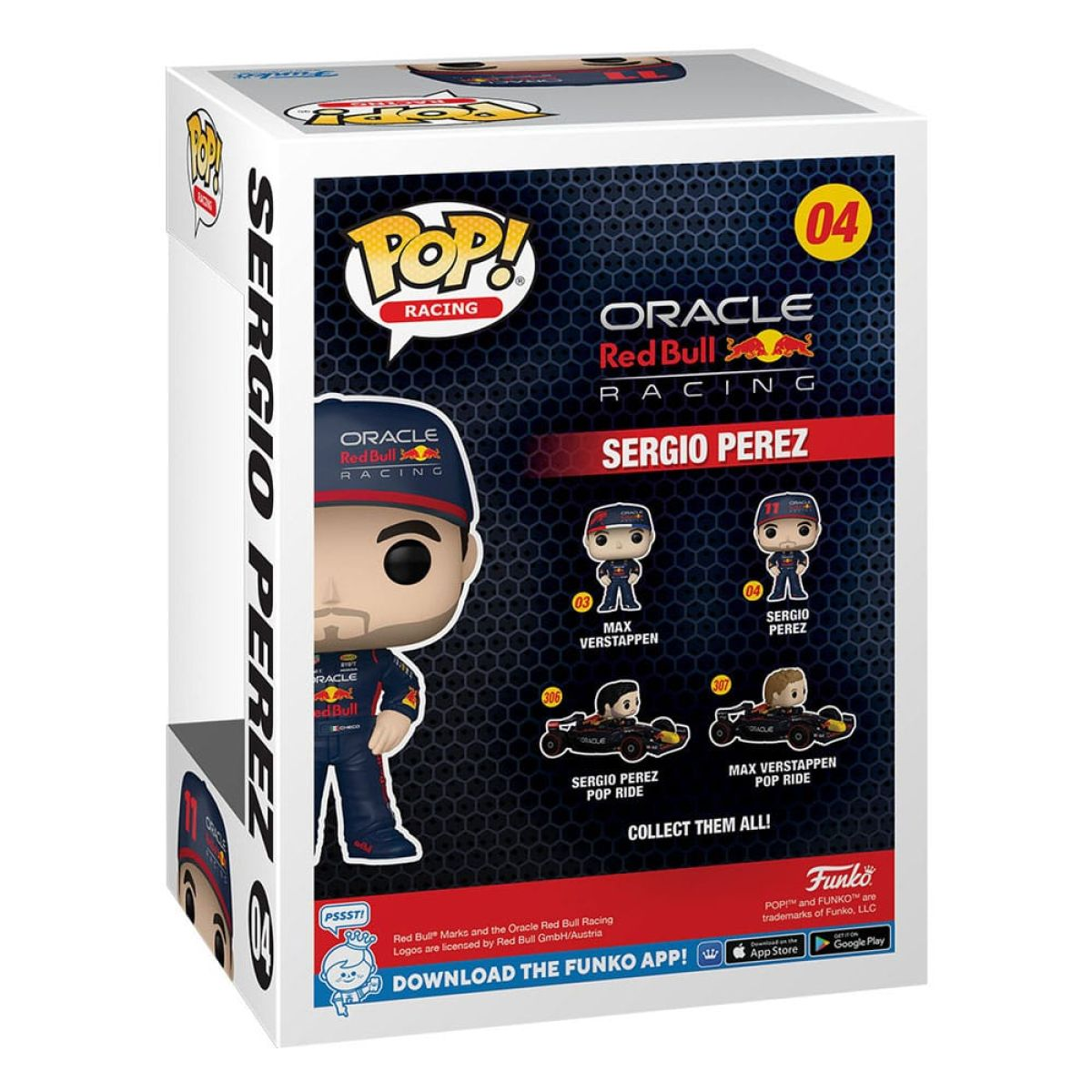Scatola della figura Funko Pop Racing di Sergio Perez, che mostra altri modelli della collezione Oracle Red Bull Racing.
