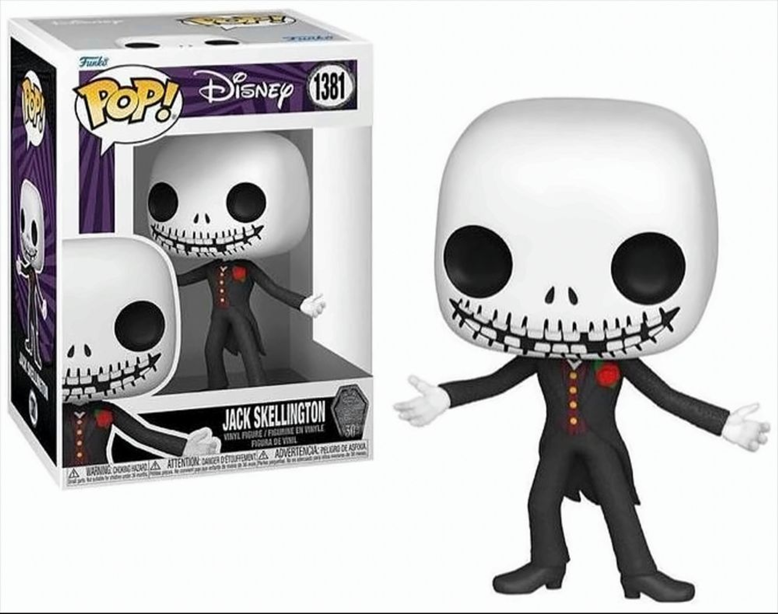 Una figure in vinile Funko Pop di Jack Skellington accanto alla scatola.