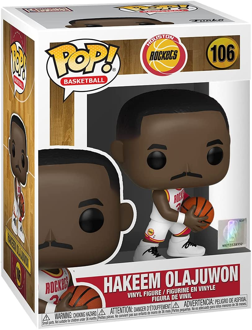 Pop! Basketball Figur von Hakeem Olajuwon in Originalverpackung mit rotem Rockets Trikot und Basketball.