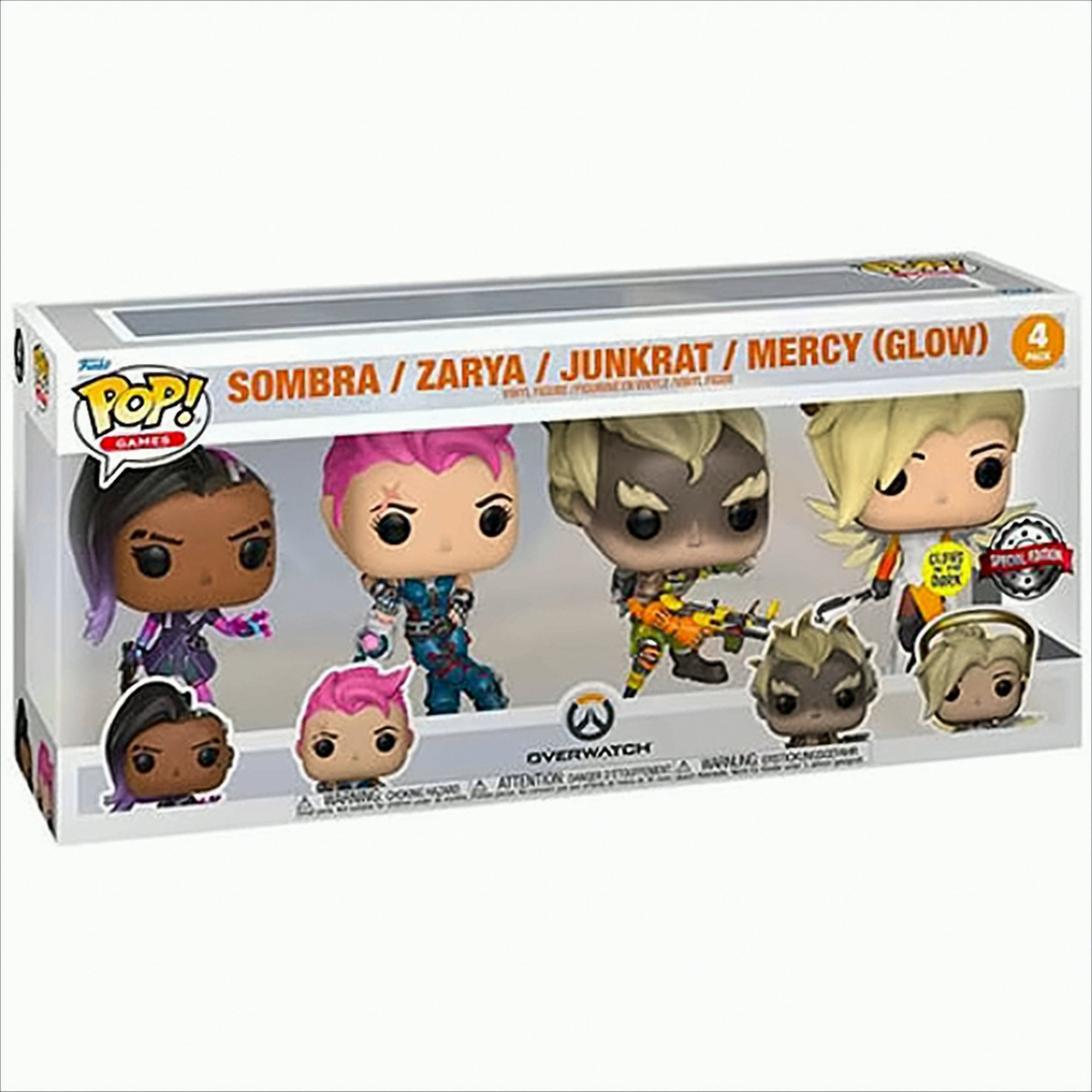 Ein Overwatch Funko Pop 4er-Pack mit Sombra, Zarya, Junkrat und Mercy in einer Sichtfensterbox.