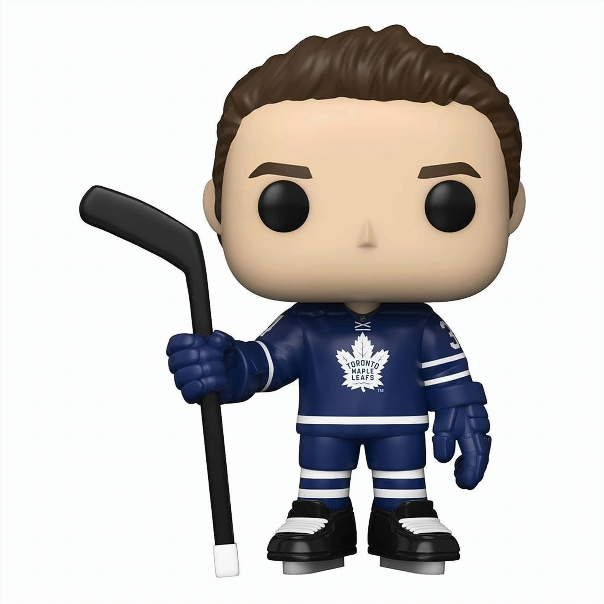 Eine Vinylfigur eines Hockeyspielers in einem blauen Toronto Maple Leafs Trikot mit einem Schläger.