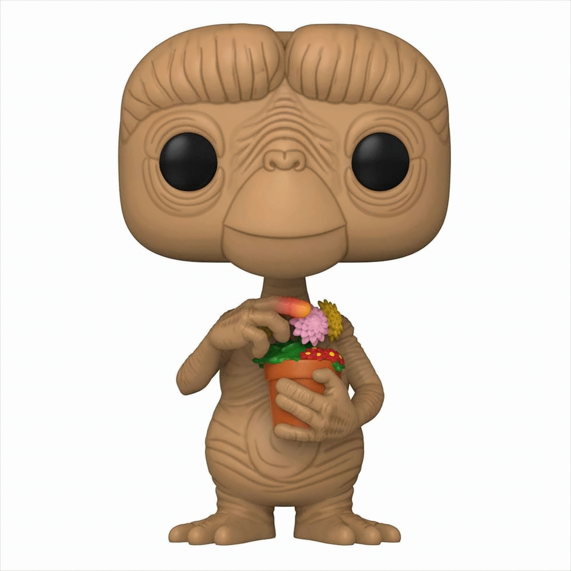 E.T. Funko Pop Figur mit großen Augen, Falten und einer kleinen Topfpflanze mit bunten Blumen in den Händen.