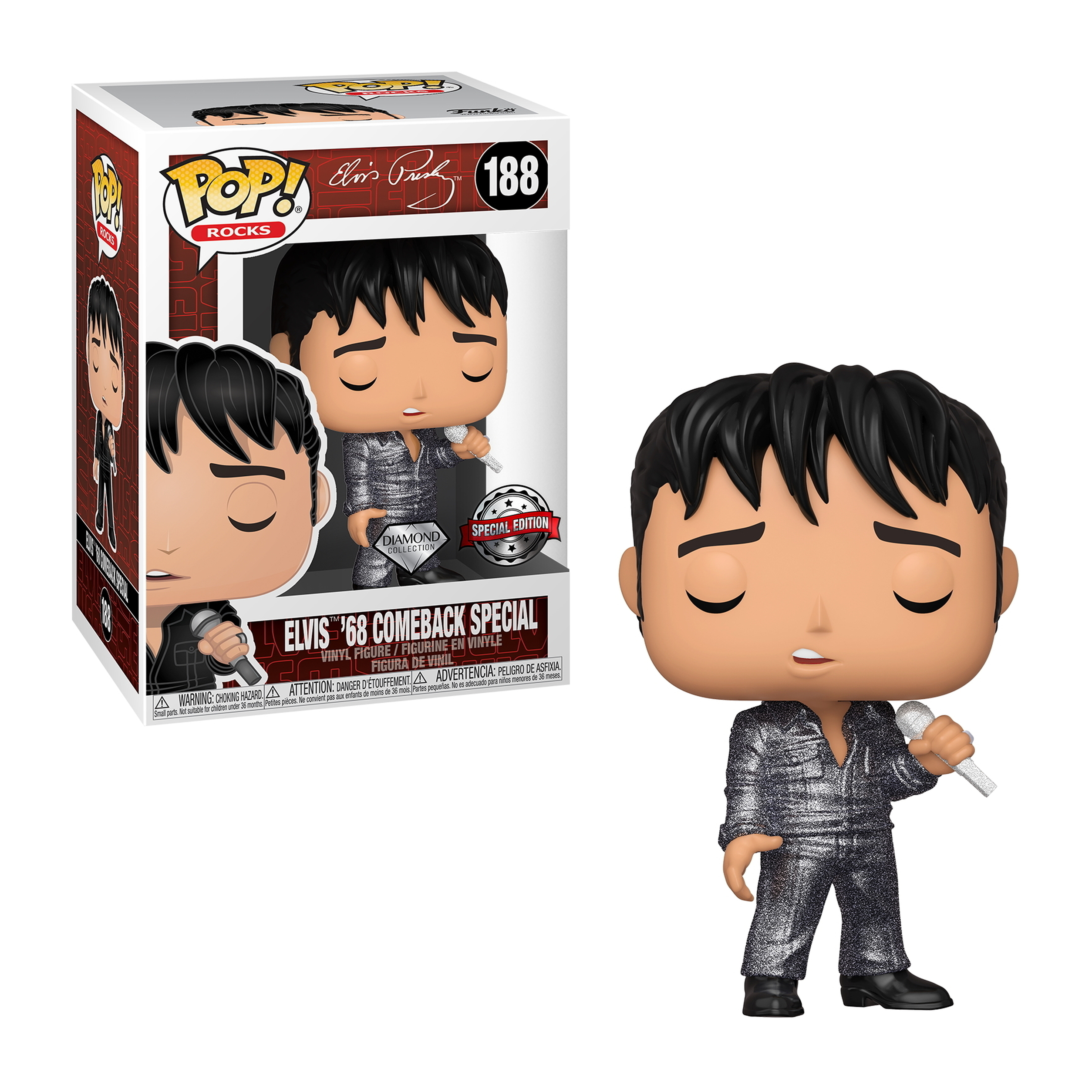 Figura Funko Pop di Elvis Presley '68 Comeback Special con scatola.