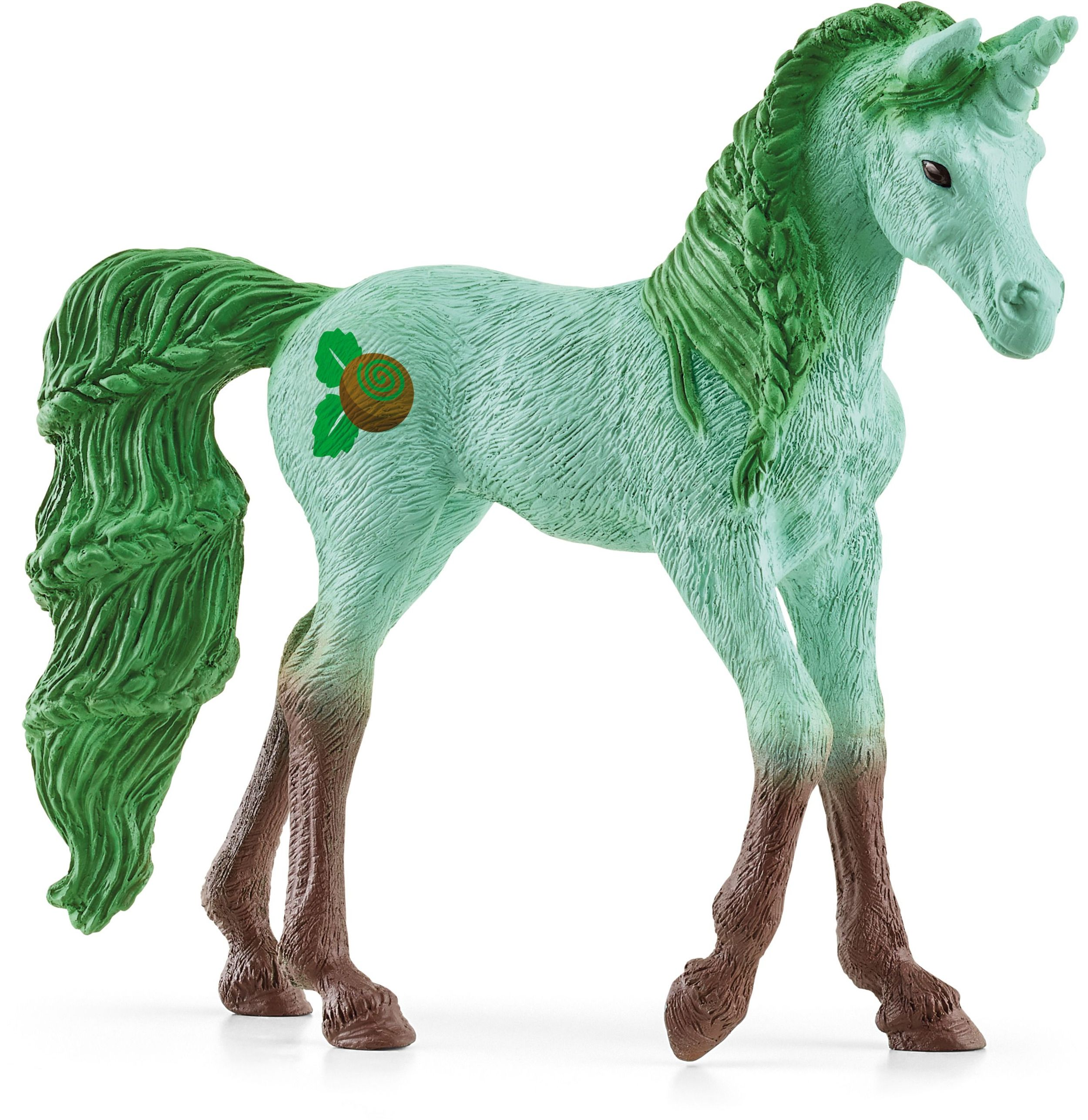 Ein hellgrünes Spielzeug-Einhorn mit dunklerer grüner Mähne und Schweif, braunen Beinen und Eichel-Symbol.