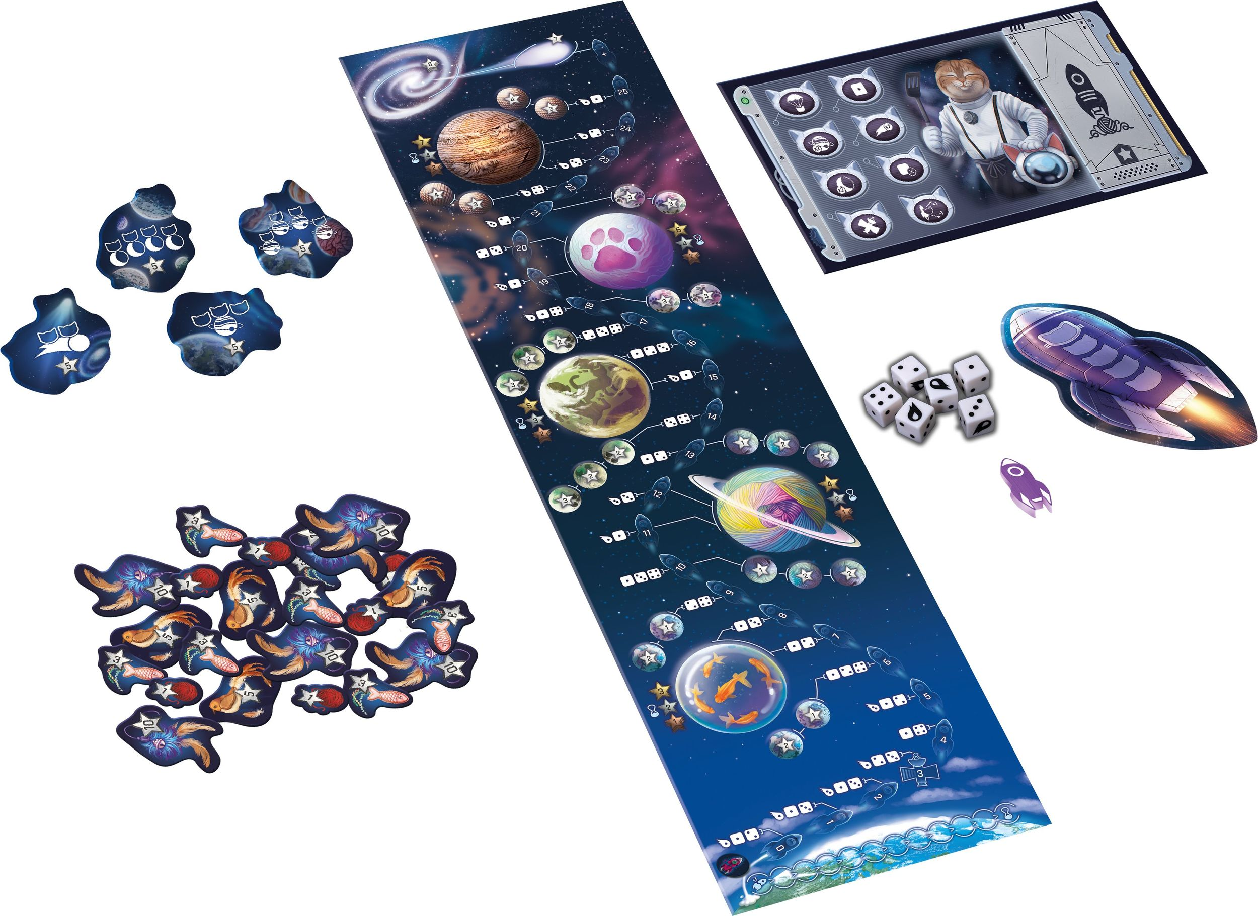 Brettspiel mit Weltraummotiv inklusive langem Spielplan, Katzen-Astronauten-Karte, Würfeln, Rakete und Spielsteinen.