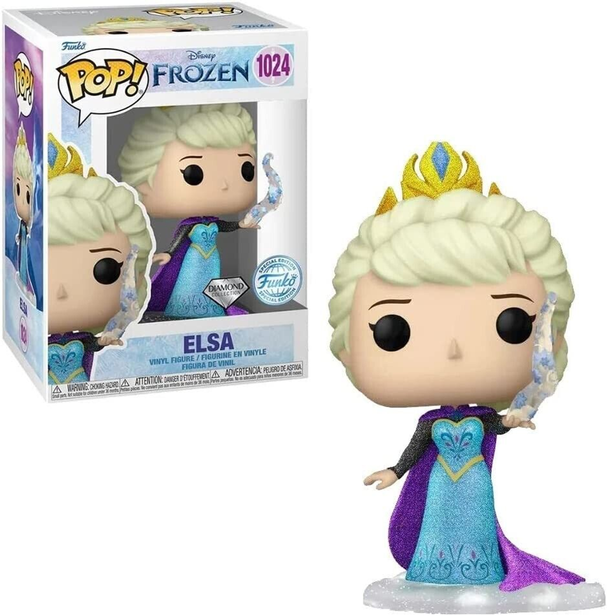 Funko Pop Elsa-Vinylfigur im blauen Kleid mit Krone vor der Verpackung.