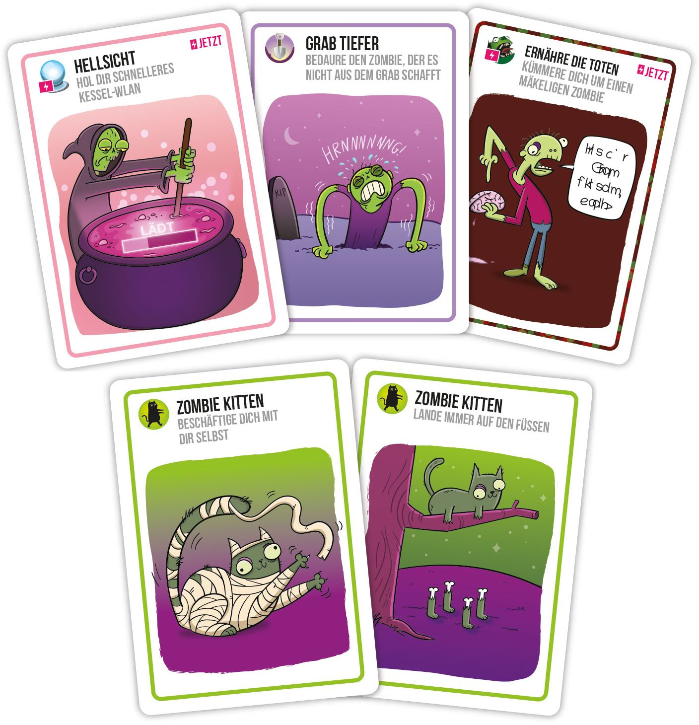 Fünf Kartenspielkarten zeigen lustige grüne Zombies und Zombie-Katzen mit deutschem Text.